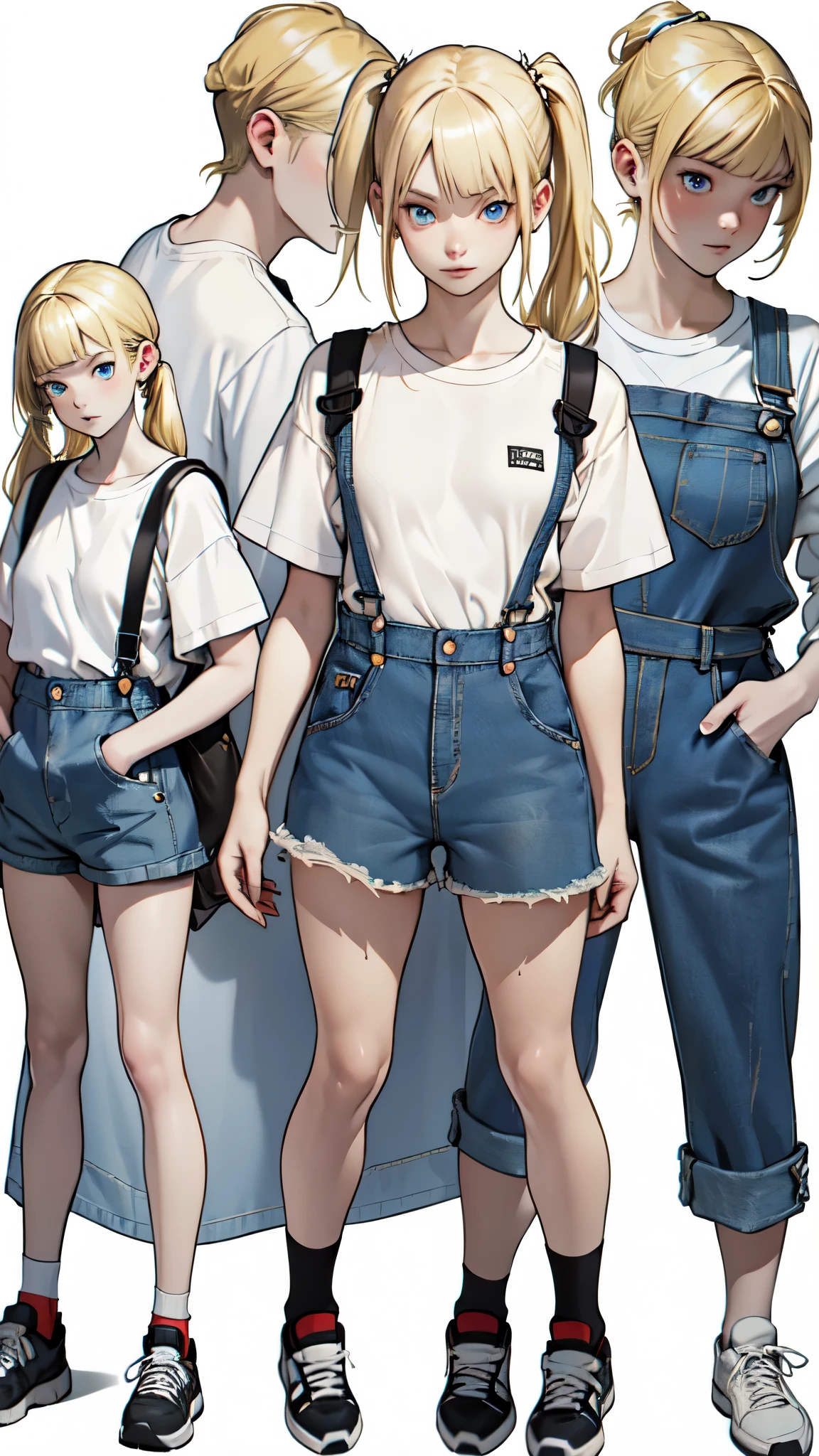 (absurdres, highres, ultra detailed),(absurdres, highres, ultra detailed), 1 girl, (()), finely detailed eyes and detailed face, warm smile, (low single side twintail bum with blunt bangs hairstyle), (((wearing a white T-Shirt beneath a jeans baggy denim shortall shorts))), sneakers, cute expression, ((anime character sheet)), (((full body))), (several poses and expressions), blue eyes, ((blonde hair)), dynamic pose, (((pale skin))), white background