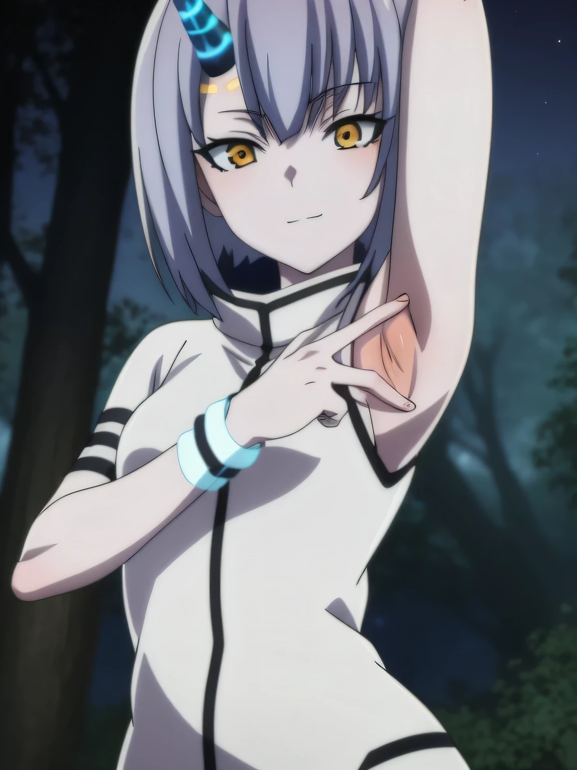 Atar anime, hdr, soft light, ((best quality)), ((masterpiece)), (detailed), 2D, anime, anime coloring, high quality, closed mouth, solo, upper body, night sky, forest, arms behind head, contrapposto, expressionless, spread armpits, small smile,