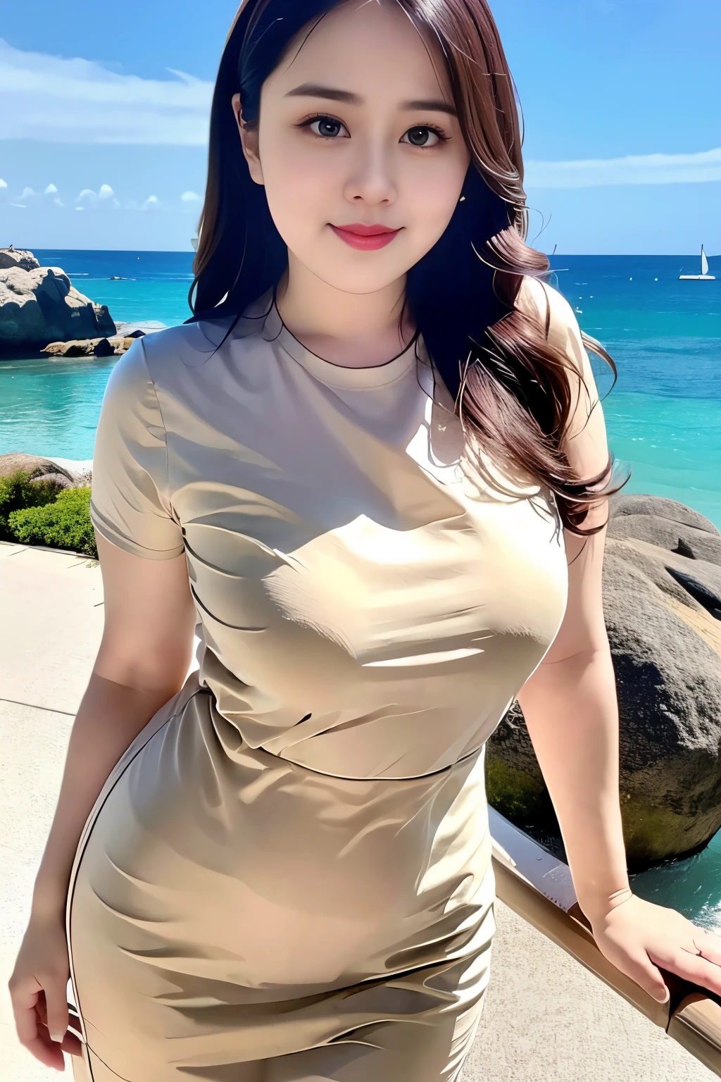((top quality、8k、masterpiece:1.3))、sharp focus, High level of image quality, high resolution,Draw lips correctly, red lipstick, from chest up, best quality, Super detailed, lifelike, Super fine skin, perfect anatomy, (Chinese women), (alone),White crewneck shirt,Long blue dress,。40 year old female,adult,charming smile,Chubby face,Round cheeks,,Fat face,Chubby round face,big eyes,wavy long hair,Big breasts,Chubby body,black shoes,Leg length,Calves visible,stand,stand up,beach background