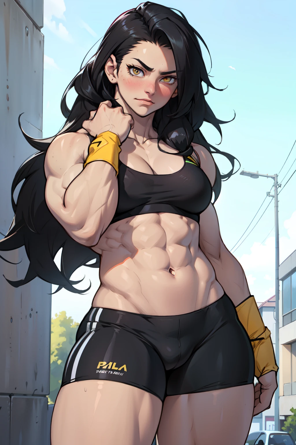 ((1girl)) pale skin (muscular perky breasts) toned body thick thighs black hair yellow eyes (long hair) bodybuilder full-face blush (seductive expression) best quality perfect anatomy compression bra bike shorts best quality