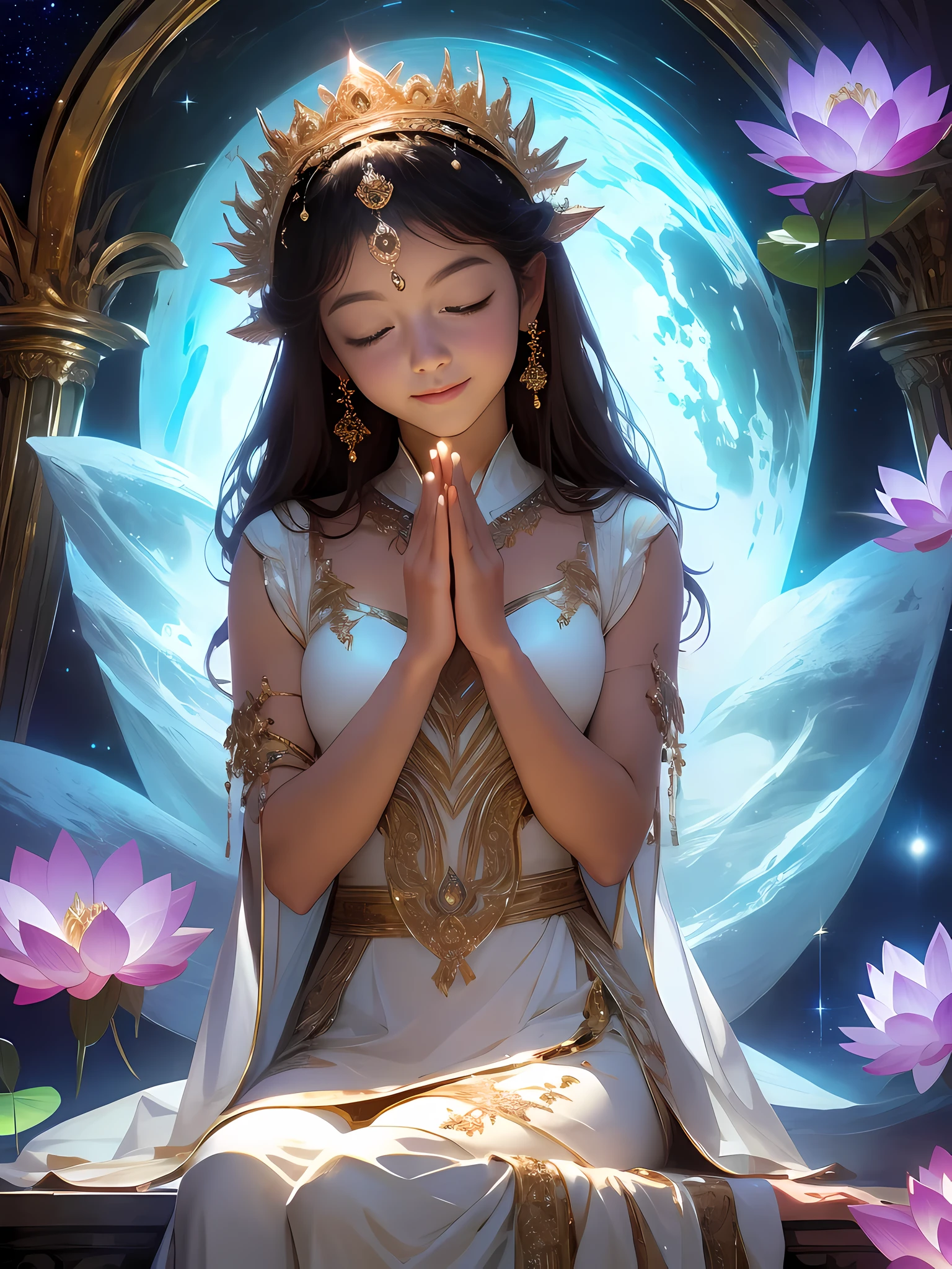 highest quality,master piece:1.2,Detailed details,The beautiful young goddess gently closed her eyes.,smile gently. She is meditating in prayer with her hands folded. She was wearing a white dress with stars shining against the blue night sky., you sit on a lotus flower,in a fantastic atmosphere,I feel like I'm one with the universe. High resolution, 8k