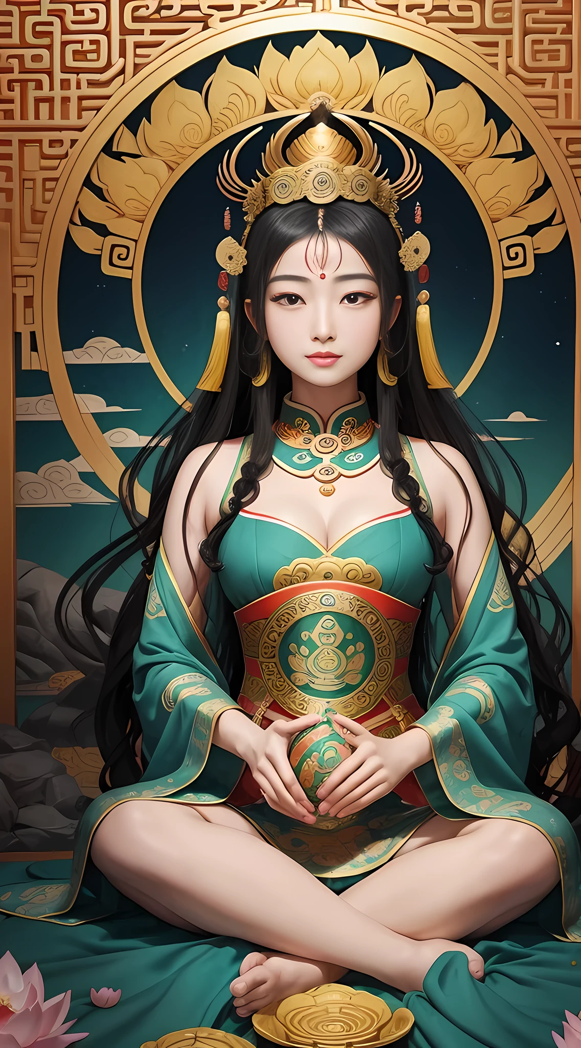 ancient chinese goddess, Kannon of the South Sea, Kannon, inspired by india, Kannon Bodhisattva rides an elephant,,calm expression,Shui Mohua,Buddha,Buddhists,lotus,chinese painting style,thangka style