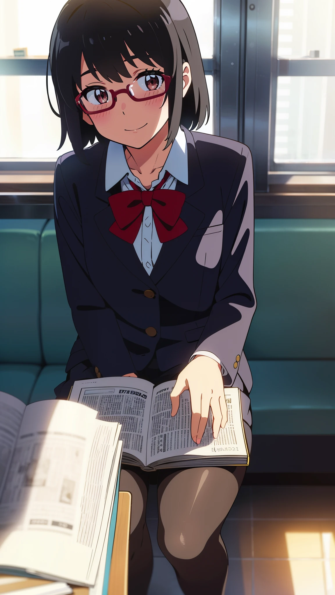 shinkai makoto, kimi no na wa., 1girl, bangs, black hair, blush, bright eyes, brown eyes, red headband, red bow, red ribbon, short hair, smile, cute, beautiful, shiny skin, looking at the viewer, solo, happy, black blazers, collarbone, long sleeves, skirt, pantyhose, wearing glasses, bringing a book, at school library, sitting on the chair, desk