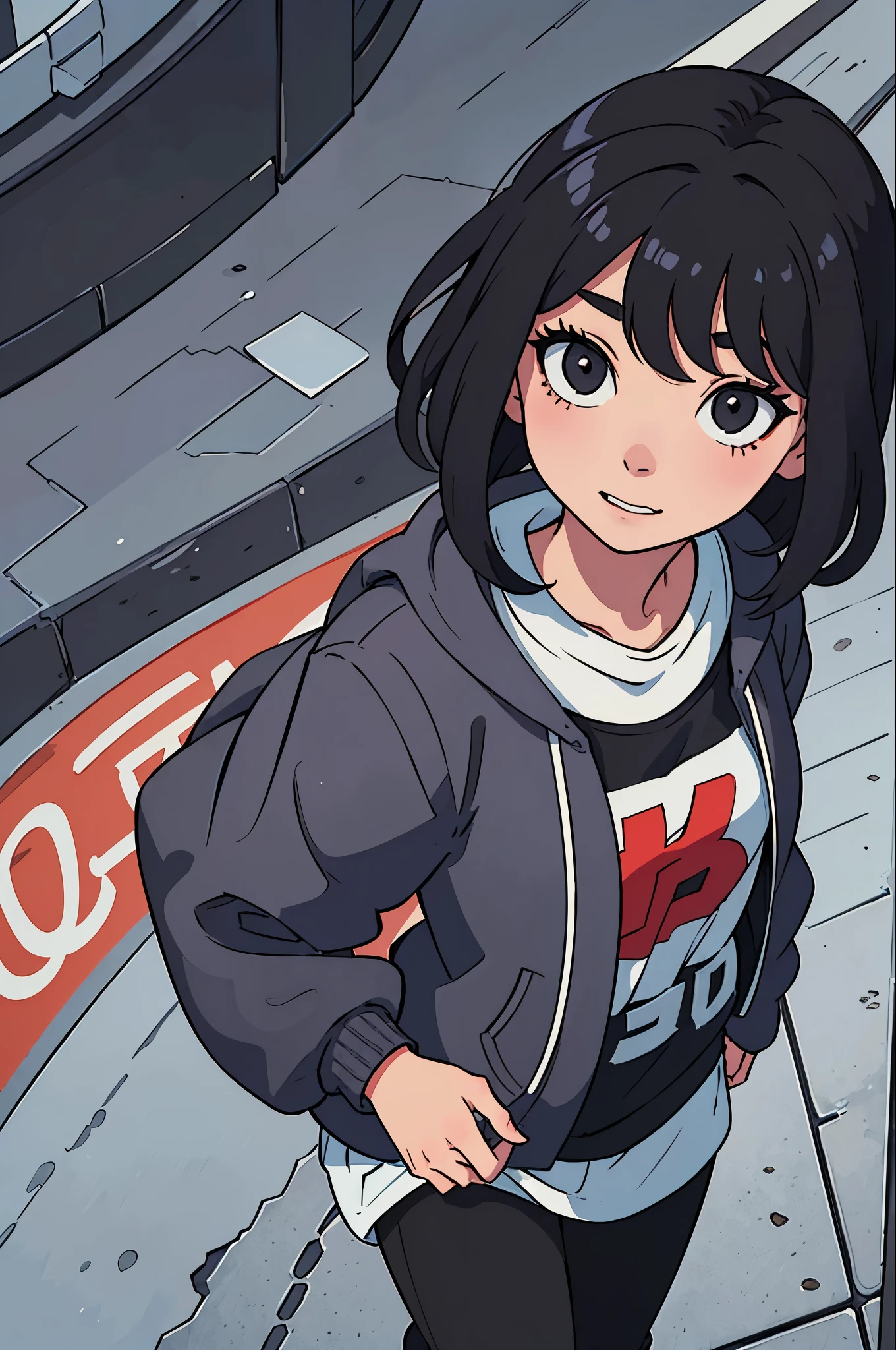 (Mejor calidad:0.8) perfect anime illustration, una bonita, Mujer feliz con cabello ????? corto y rizado en la calle de la ciudad, usando una sudadera con capucha, falda, ojos color ?????