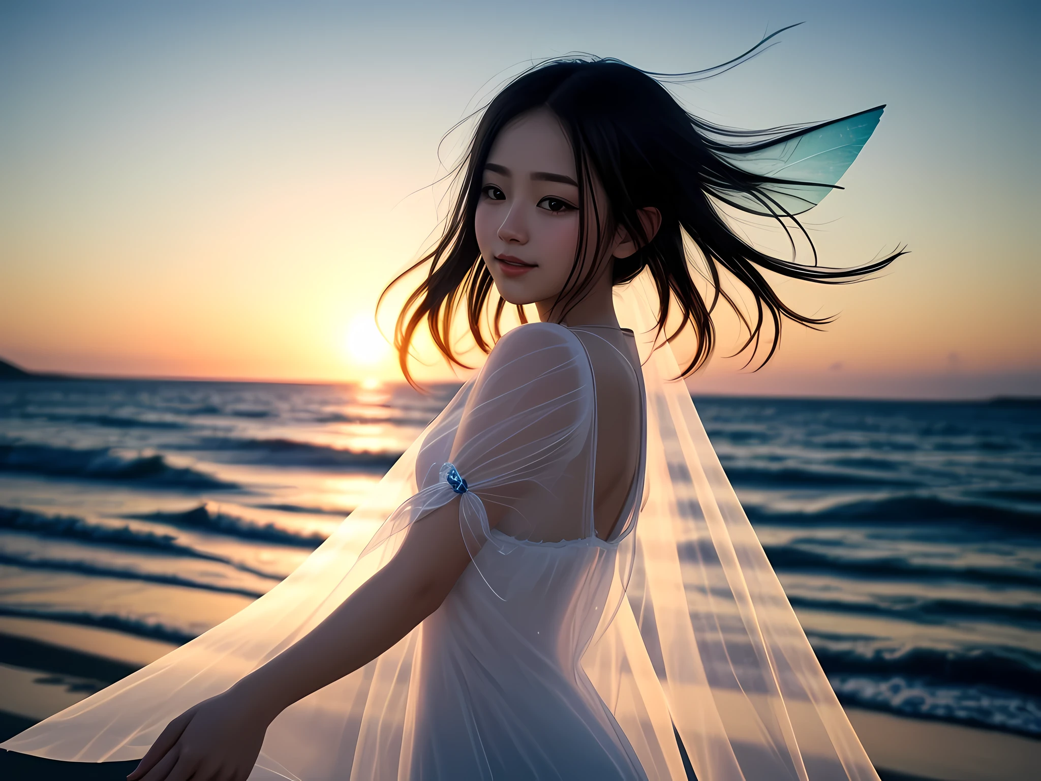 Beautiful fairy with a sense of transparency、Beautiful sparkling ocean、Transparent feathers、smile gently、Summer background、Gentle and transparent fairy、sunset