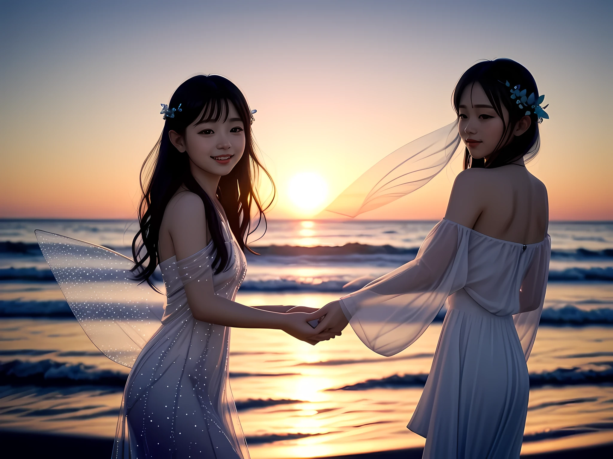 Beautiful fairy with a sense of transparency、Beautiful sparkling ocean、Transparent feathers、smile gently、Summer background、Gentle and transparent fairy、sunset