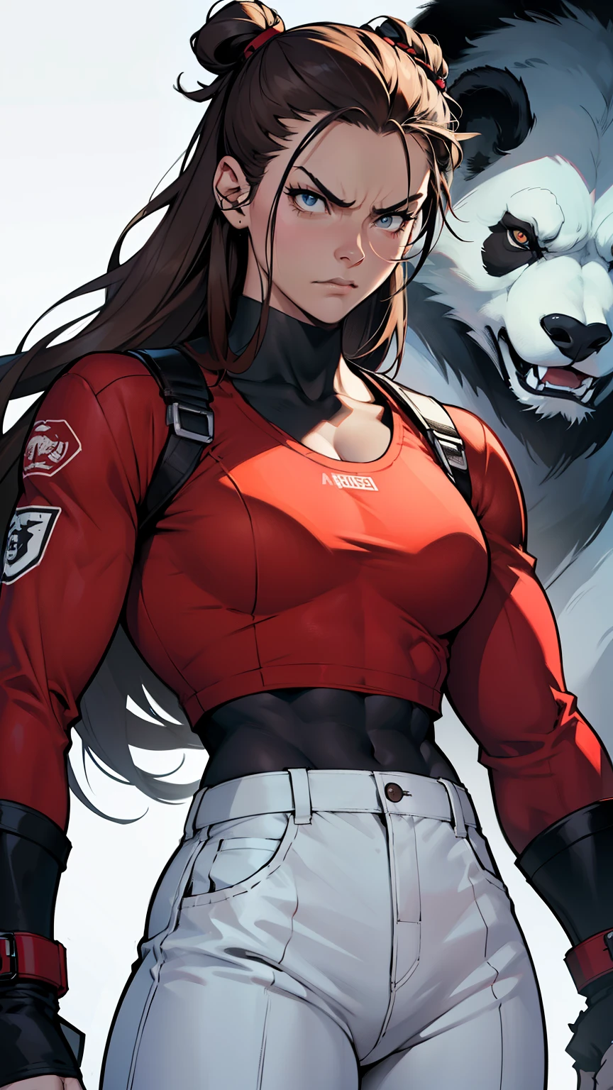 (Masterpiece: 1.2, Best Quality, 4k, 8K, high resolution)
A cinematic still of Cammy from Street Fighter, wearing her iconic red and black bodysuit, with her long brown hair flowing freely. Her arms are crossed in front of her chest, showcasing her toned biceps. Her intense gaze is fixed on an unseen opponent, ready for battle.
(Panda bear monster, multiple appearances, Angry expression, Side pose, White pants with black waist strap)
Three panda bear monsters with enraged expressions line up on the side, each wearing white pants with black waist straps. Their bulky bodies are tense