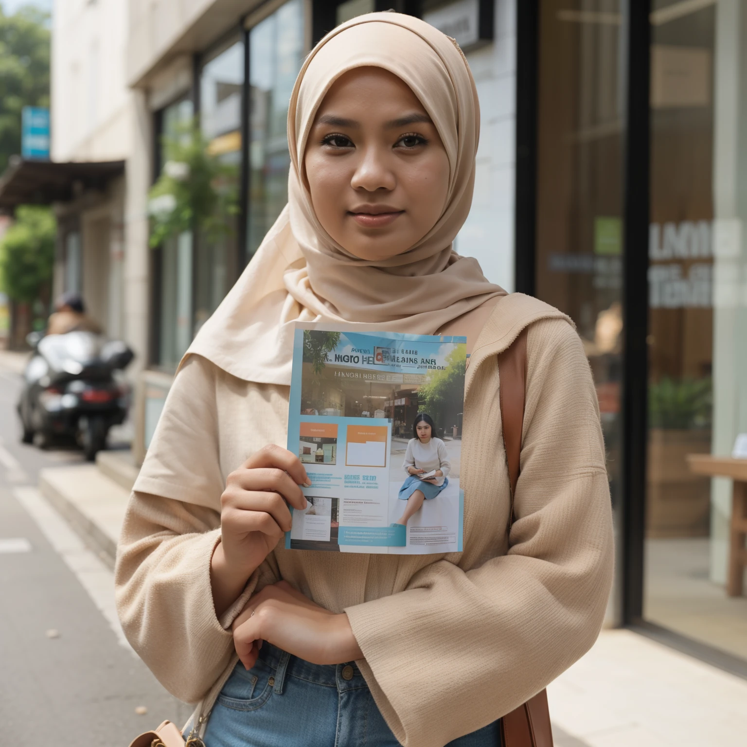 (((FULL BODY))), photo of an Indonesian hijab woman holding a brochure with one hand on A5 paper size who appears to be offering something, front view, background in front of a shop