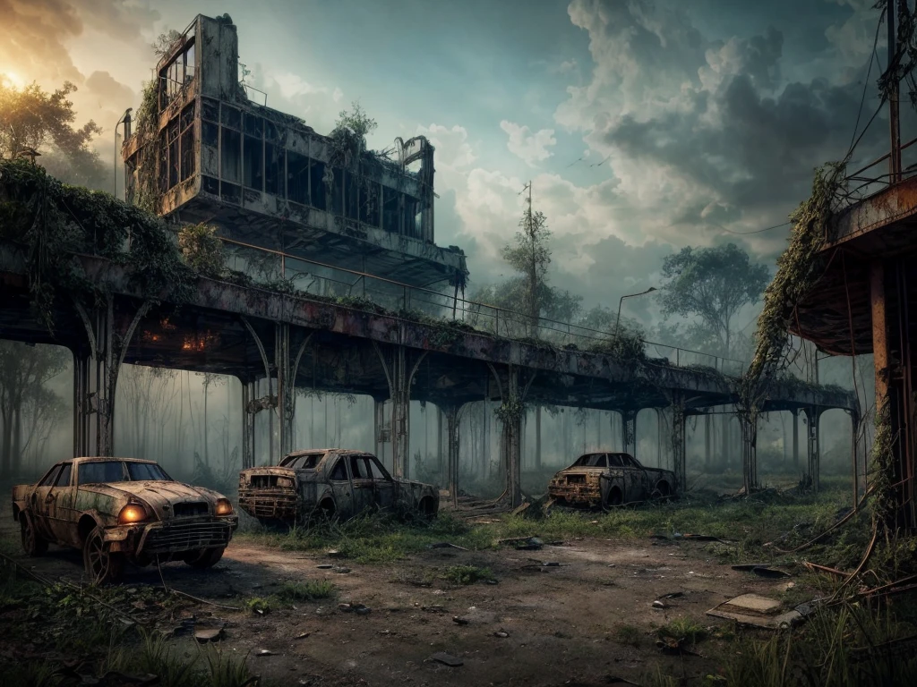 (ultra-detailed) Abandoned Mech, (realistic:1.37) rusty metal, overgrown with vines, shattered glass, twisted wreckage, haunting atmosphere, eerie silence, post-apocalyptic, (HDR) dramatic lighting, (vivid coloruted tones, (bokeh) blurred background, (concept artists) sci-fi aesthetics.