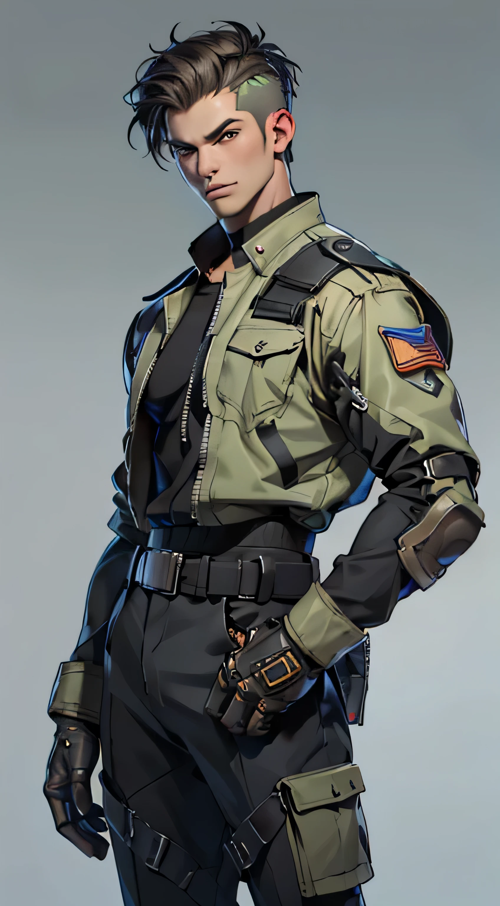 11:23(((best quality: 1.4))),(Unparalleled masterpiece), (Ultra high quality),(Hyper-realistic 8K CG)、(light color short hair),(Cross your waist with one hand),(Tech mech), ((( Body))), (((1 male))), 25-year-old American soldier with perfect Body,,Beautiful and well groomed face,muscular Body:1.2, (Pictures from head to thighs), Complex equipment, Tachibana,trousers,The clothes inside are dark,Clothes with armored metal electronic parts