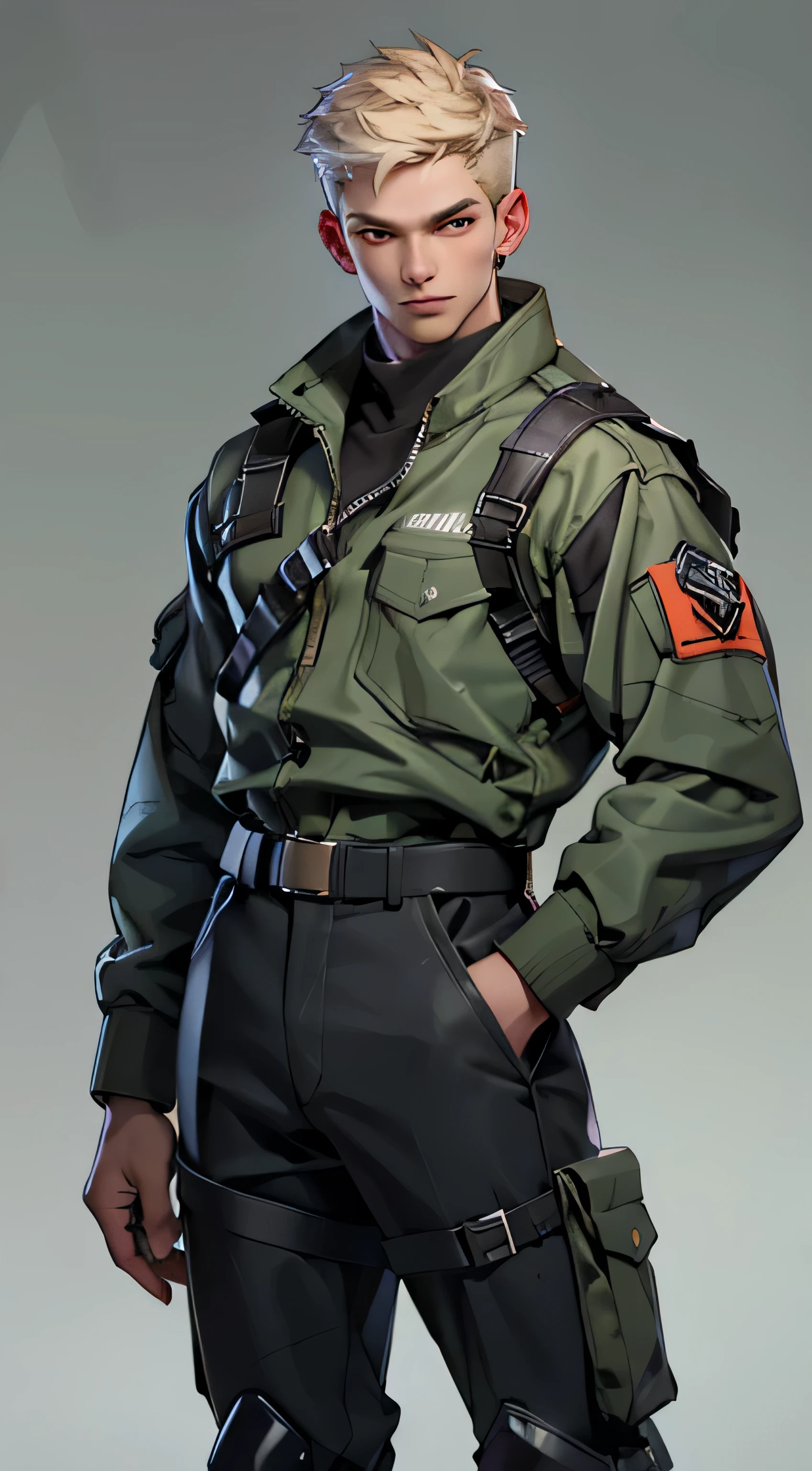 11:23(((best quality: 1.4))),(Unparalleled masterpiece), (Ultra high quality),(Hyper-realistic 8K CG)、（light color short hair），（Cross your waist with one hand），（Tech mech）， ((( Body))), (((1 male))), 25-year-old American soldier with perfect Body,,Beautiful and well groomed face,muscular Body:1.2, (Pictures from head to thighs)， Complex equipment, Tachibana，trousers，The clothes inside are dark，Clothes with armored metal electronic parts