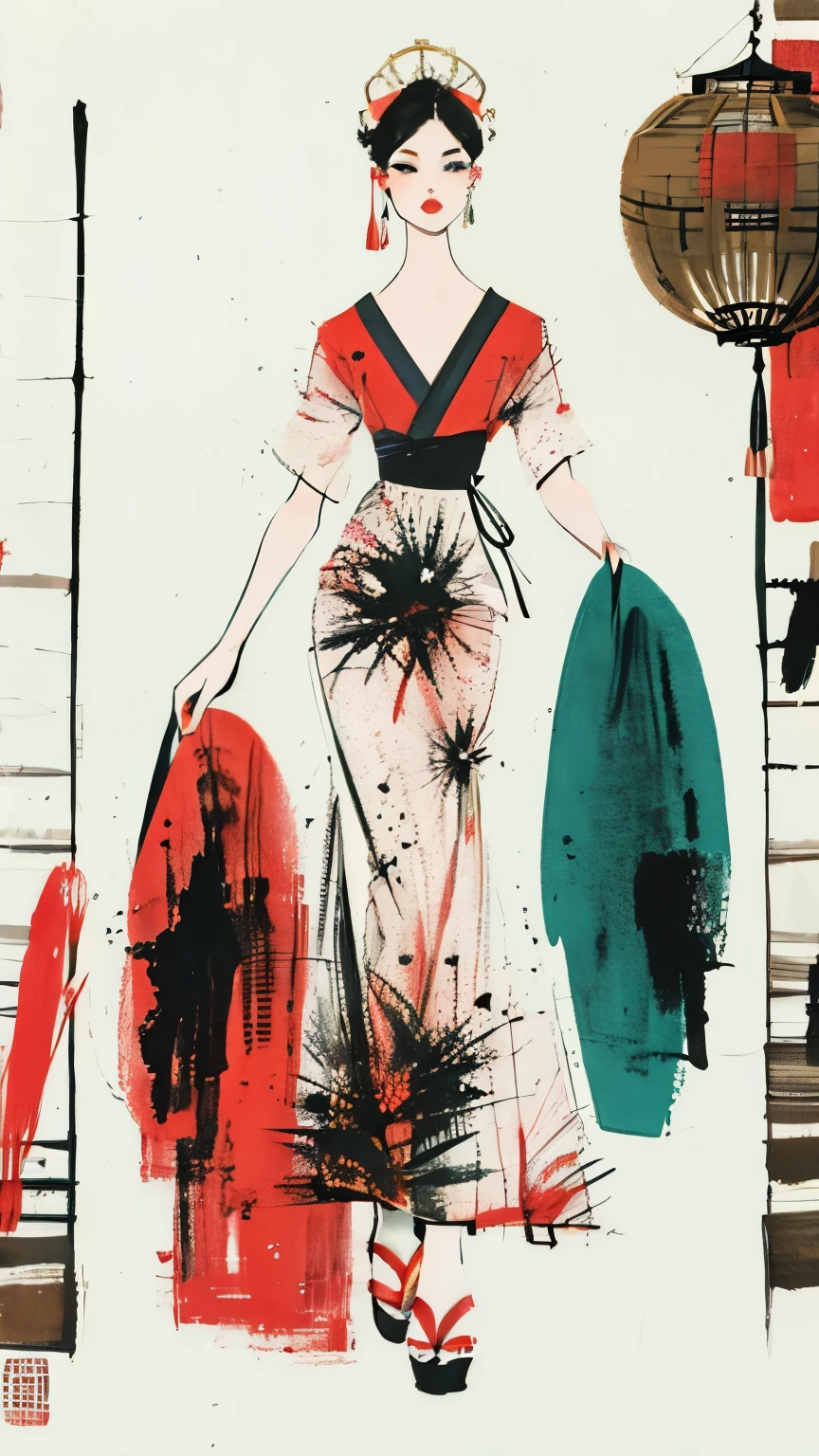 Vintage print design (on a white background:1.2), Retro Silhouette drawing of a Dior italian woman model from the front on the catwalk, with colors ink pop art blackground, delicate, filigram, centered, intricate details, illustration style, Katsushika Hokusa Style, traditional Chinese ink sketch