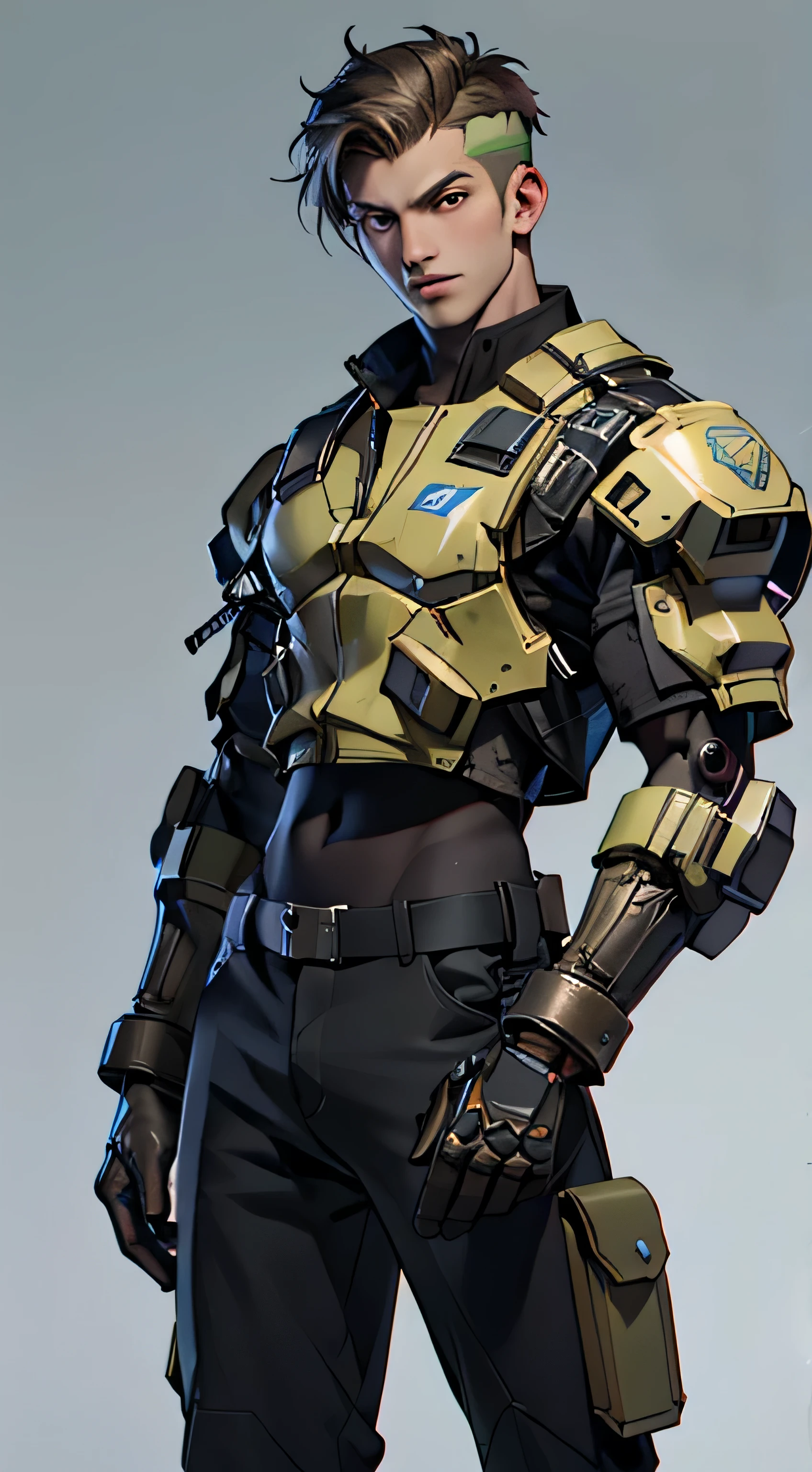 11:23(((best quality: 1.4))),(Unparalleled masterpiece), (Ultra high quality),(Hyper-realistic 8K CG)、(light color short hair),(one hand raised),(Tech mech), ((( Body))), (((1 male))), 25-year-old American soldier with perfect Body,,Beautiful and well groomed face,muscular Body:1.2, (Pictures from head to thighs), Complex equipment, Tachibana,trousers,The clothes inside are dark,Clothes with armored metal electronic parts,