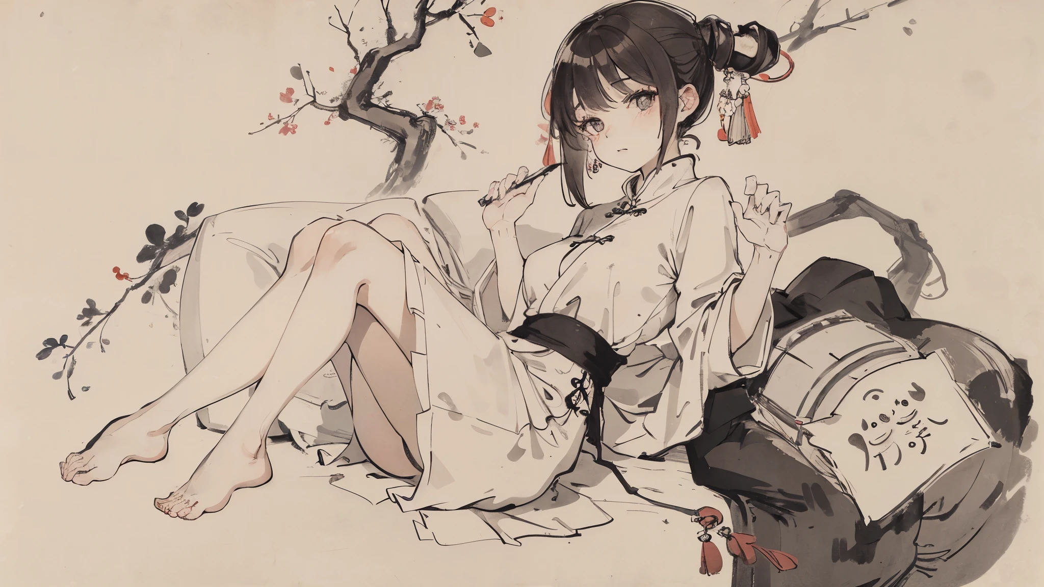 (masterpiece, highest quality: 1.2), Traditional Chinese Ink Painting, Cute busty 22 year old woman, Oversized dresses :1.2, sofa, Highly detailed face, Fine grain, double eyelid, SFW , Long dress, A shy smile, Exotic look
