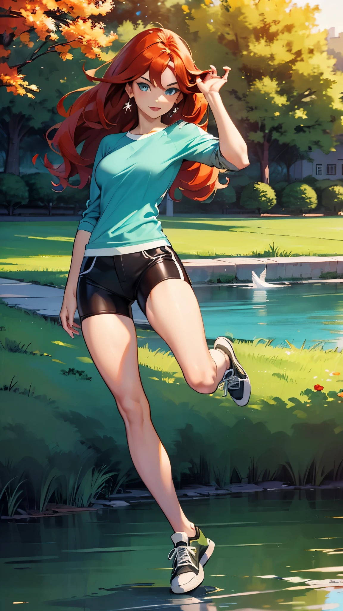 masterpiece, extremery magnificent view, perspective, extremery best quality, extremery detailed CG, 8k wallpaper, high resolution, highly detailed face, highly detailed eyes, perfect anatomy, super detailed skin, (dynamic angle, dynamic pose:1.2), outdoors, park, tree and pond, (portrait, legs focus, full body), (beautiful face, beautiful eyes, beautiful legs:1.3), 1 girl, solo, sonia, medium breasts, aqua eyes, slender, high quality eyes, beautiful eyes, bike shorts, 3/4 body view, green raglan shirt with phoenix logo, denim shorts, x-men logo, sneaker shoes, mid 30's, adult woman, curly red hair, subtle smile