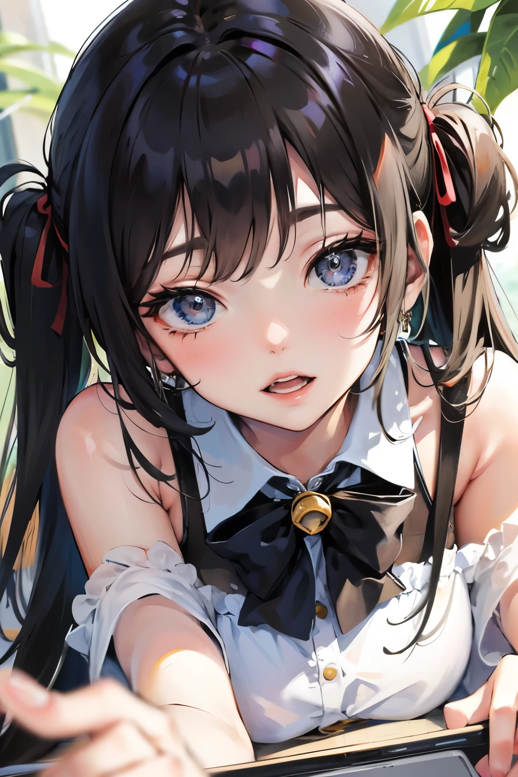 front view,1girl,Beautiful girl at ,Japanese,Slender,small breasts,Baby Face,Small face,Black Hair,Row Twin Tails,Gray Eyes,Drooping eyes,middle School girls,Tight dress,mini skirt,open mouth,tongue out,front face,kneel,Hands Behind Back,Put your chin forward,Beautiful and detailed anime art,Mischievous smile,front view,high angle, looking at viewer, looking ahead, from above,face focus,Sexy vibe,cum on tongue,Dimly lit room,Beautiful room,On the bed,blurry background