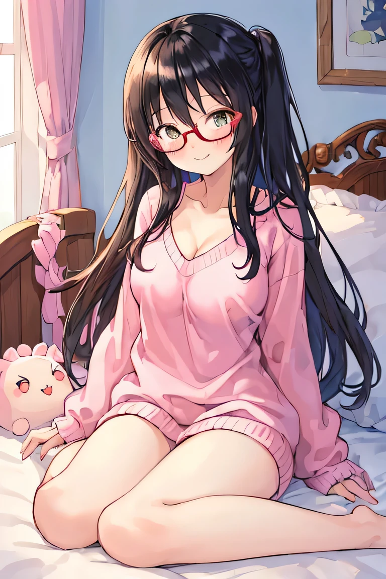 ((masterpiece)), ((best quality)), (ultra-detailed), (kawaii), illustration, anime style, full body, in the middle, full body focus, 1girl, cute girl, (drooping eyes), Western style room, pastel color V-neck knit sweater, sitting, smiling, cute, (beautiful eyes), beautiful straight black long hair, loungewear, slim, slender, medium breast, glasses, happy, blush, relaxing, lovely, seductive smile.