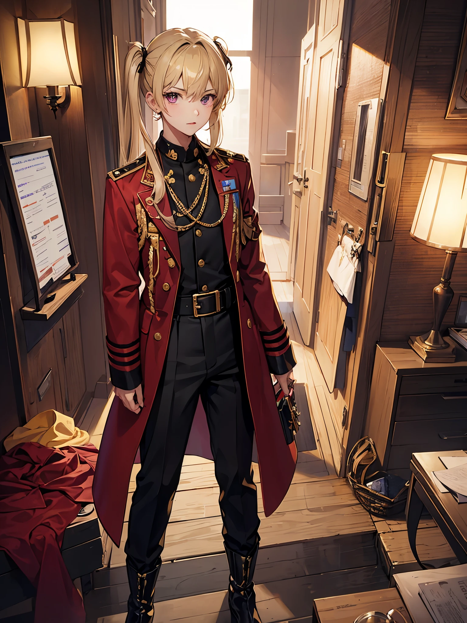 ((a boy)), gold hair, magenta eyes, ((idol costume)), long boots, ((individual)), ((military jacket)), ((high quality)), ((beautiful boy)), ((twintail))