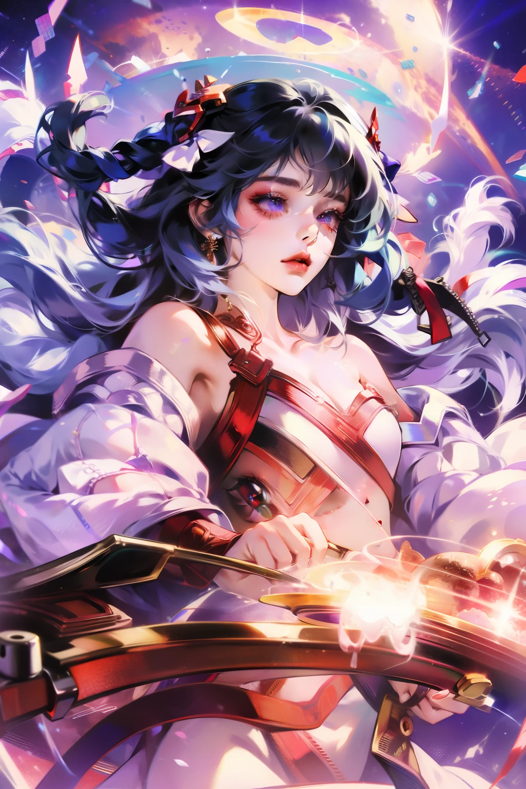 1 girl,high resolution, high quality, masterpiece, mxmk white dress, bare shoulders, purple eyes, white dress, braid,gold eye shadow,crimson pupils,Dynamic sense