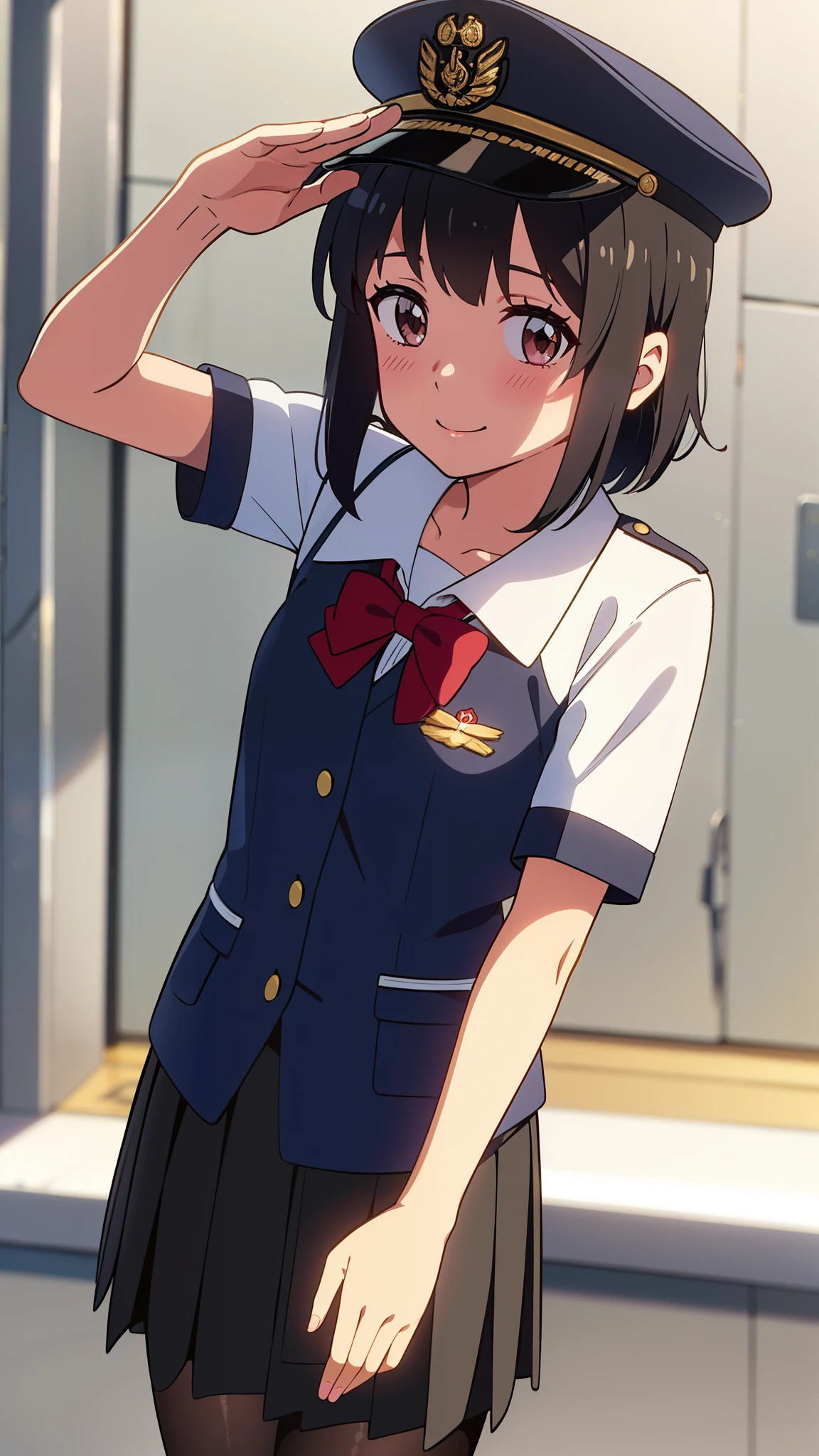 shinkai makoto, kimi no na wa., 1girl, bangs, black hair, blush, bright eyes, brown eyes, red bow, red ribbon, short hair, smile, cute, beautiful, shiny skin, looking at the viewer, solo, happy, collarbone, medium sleeves, skirt, pantyhose, uniform and cap worn by the Chief of the Maritime Self-Defense Force, Music Band, salute