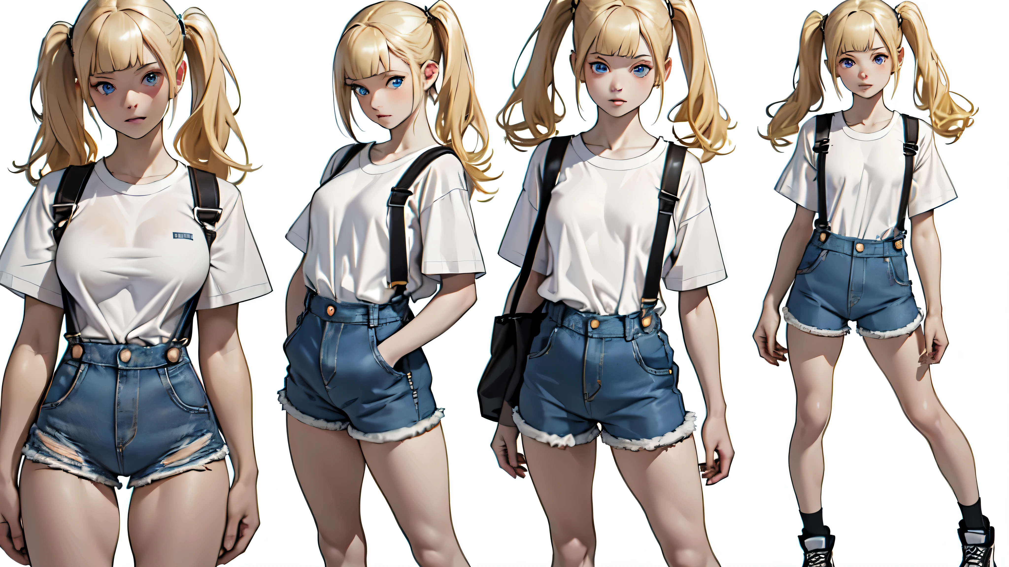(absurdres, highres, ultra detailed),(absurdres, highres, ultra detailed), 1 girl, (()), finely detailed eyes and detailed face, warm smile, (low single side twintail bum with blunt bangs hairstyle), (((wearing a white T-Shirt beneath a jeans baggy denim shortall shorts))), sneakers, cute expression, ((anime character sheet)), (((full body))), (several poses and expressions), blue eyes, ((blonde hair)), dynamic pose, (((pale skin))), white background
