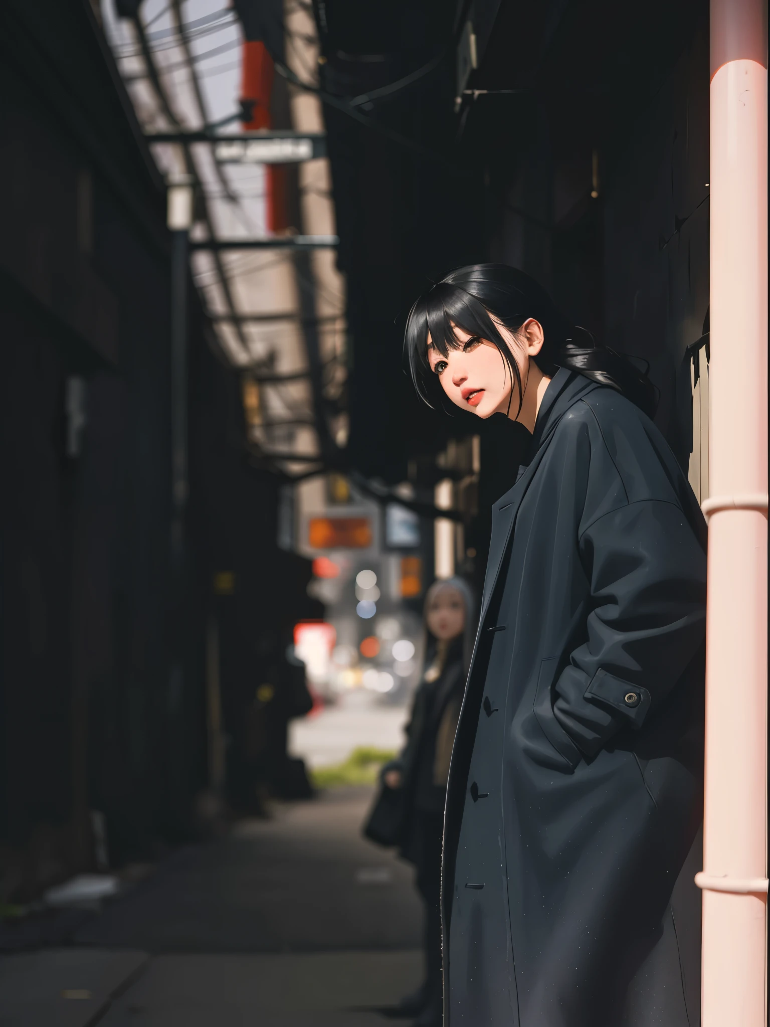 Woman wearing a coat and standing in a narrow alley, shot in canon 50mm f/1.2, Sui Ishida with black hair, standing in the alley, 50mm portrait, portrait of japanese teenager, produce: Torii Kiyomoto, Chiho, Shooting with a Leica SL2, Shot on Sony A7, wearing a blue coat