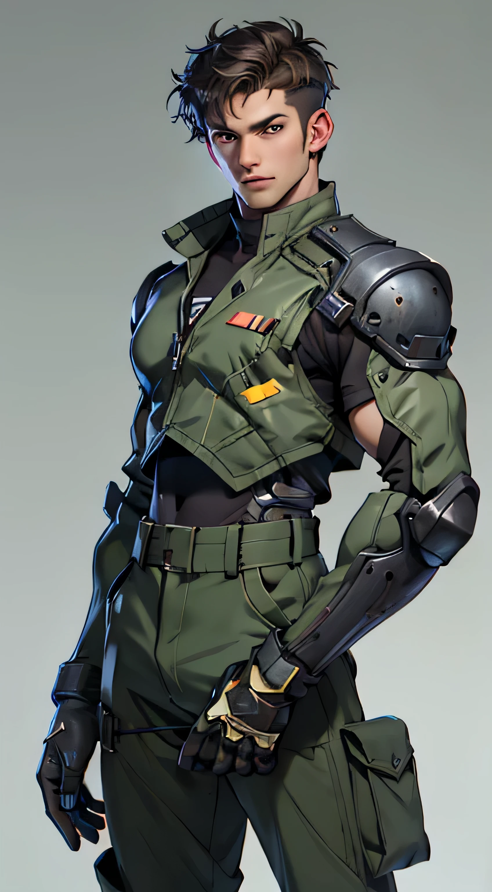 11:23(((best quality: 1.4))),(Unparalleled masterpiece), (Ultra high quality),(Hyper-realistic 8K CG)、(light color short hair),(Cross your waist with one hand),(Tech mech), ((( Body))), (((1 male))), 25-year-old American soldier with perfect Body,,Beautiful and well groomed face,muscular Body:1.2, (Pictures from head to thighs), Complex equipment, Tachibana,trousers,The clothes inside are dark,Clothes with armored metal electronic parts