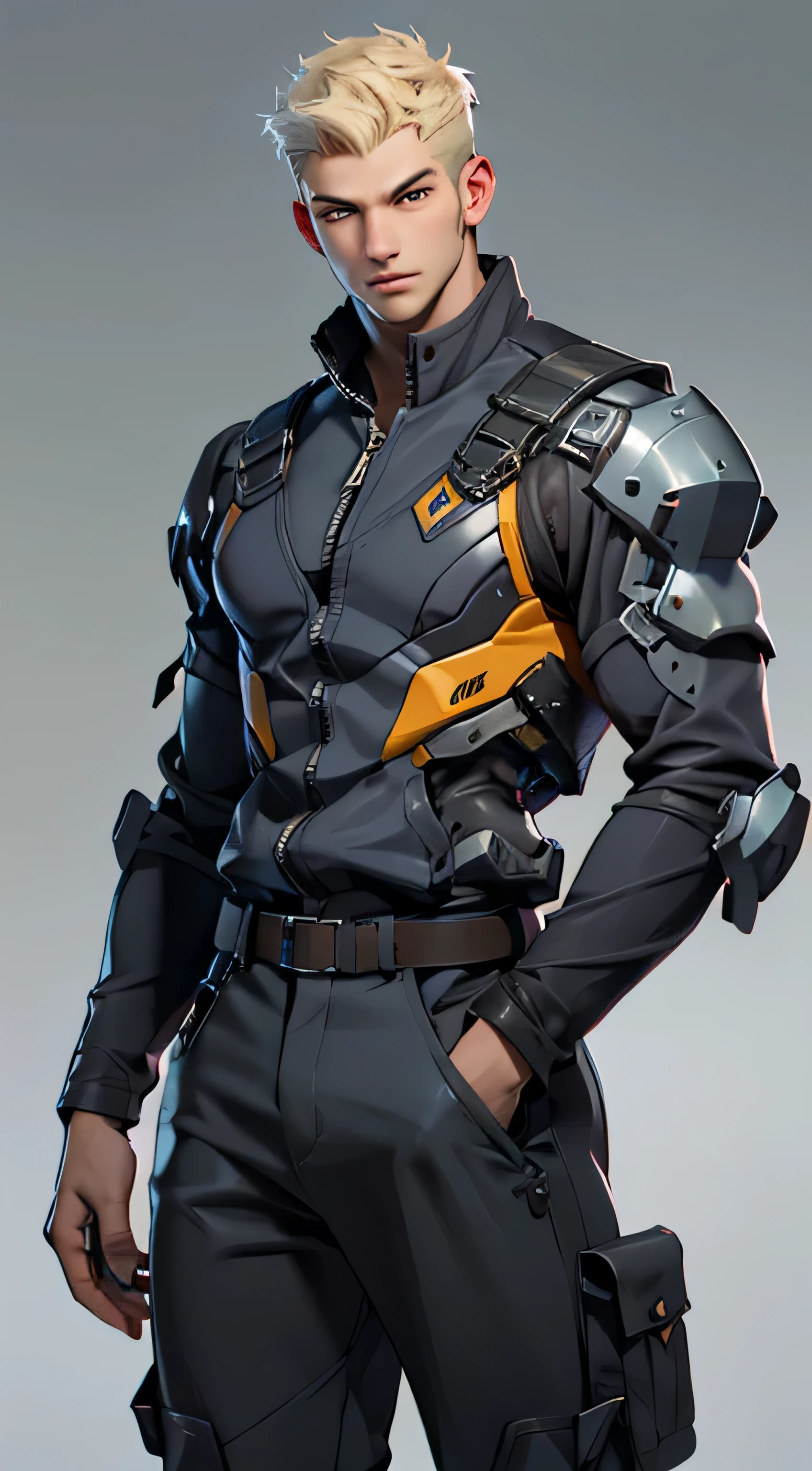 11:23(((best quality: 1.4))),(Unparalleled masterpiece), (Ultra high quality),(Hyper-realistic 8K CG)、(light color short hair),(one hand raised),(Tech mech), ((( Body))), (((1 male))), 25-year-old American soldier with perfect Body,,Beautiful and well groomed face,muscular Body:1.2, (Pictures from head to thighs), Complex equipment, Tachibana,trousers,The clothes inside are dark,Clothes with armored metal electronic parts,