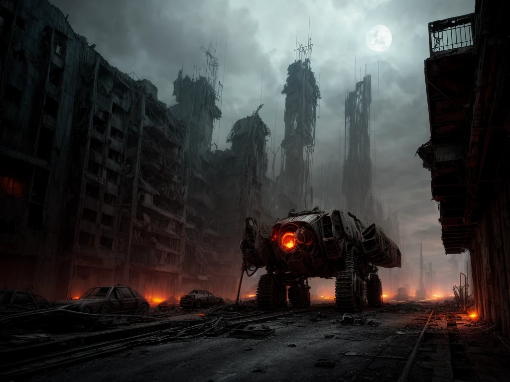 abandoned mech,broken and rusty heavy machinery,spaceship,metallic debris,misty atmosphere,dilated hatches,worn-out control panels,dark and eerie lighting,post-apocalyptic,concealed weapons,intense battle scars,dystopian environment,dust-covered surfaces,malfunctioning wires and cables,unstable power source,abandoned city ruins,vines crawling on the wreckage,eerie silence,ominous shadows,moody and atmospheric,desolate landscape,collapsed buildings,distant echoes of past battles,overgrown vegetation,crumbling infrastructure,hauntingly beautiful,scattered remnants of the past,functional and non-functional mechanical parts,ominous presence