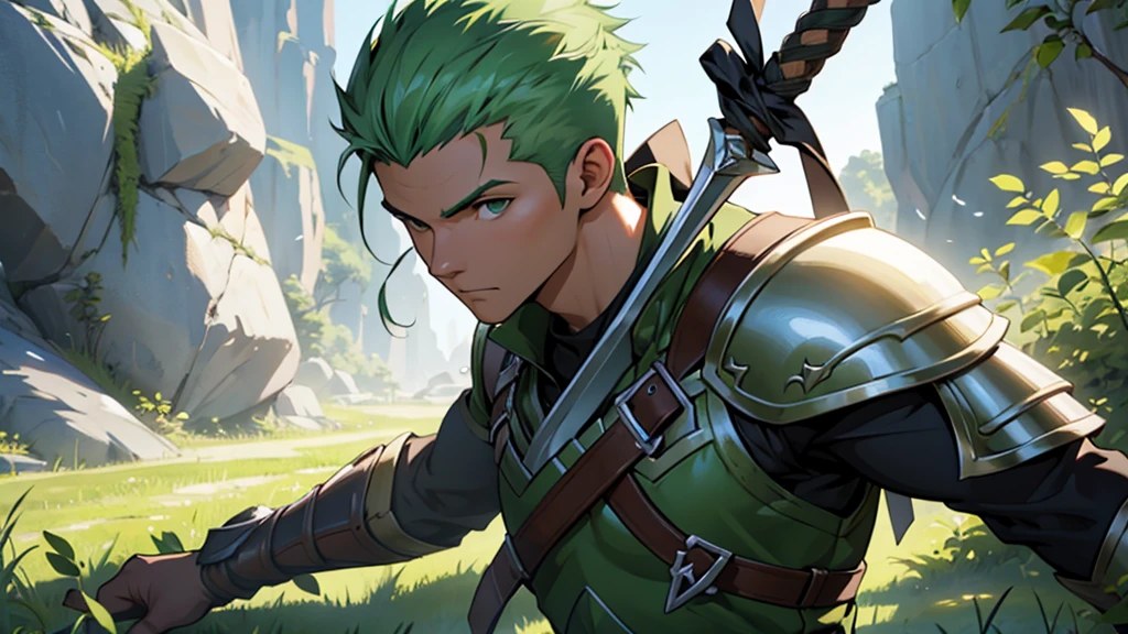 One man, Archer, draw a bow, fantasy, green hair, battle, armor, dungeon, anime, UHD, masterpiece, ccurate, high details, high quality, highres, best quality, 8k