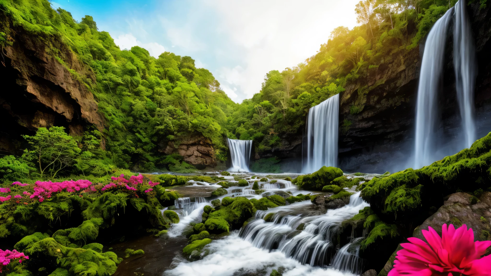 a large waterfall is in the middle of a lush green forest, stunning nature in background, with trees and waterfalls, scenic colorful environment, flowers and waterfalls, beautiful place, natural landscape beauty, waterfalls and lakes, really beautiful nature, nature in all its beauty, beatiful backgrounds, beautiful nature, extraordinary colorful landscape, a beautiful landscape, lakes and waterfalls