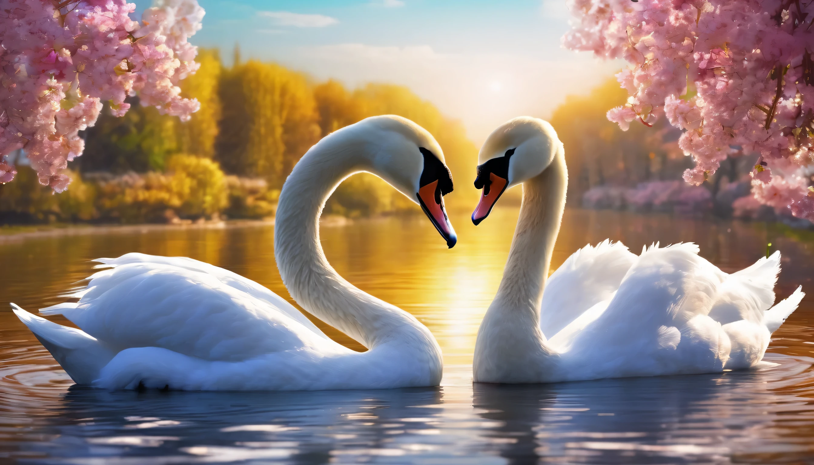 (a couple of swans making a heart shape,beautiful swan,stylized swan,romantic scene,heart shape,morning daylight,(best quality,4k,8k,highres,masterpiece:1.2),spring scenery,blossoming flowers,vibrant colors,serene atmosphere)