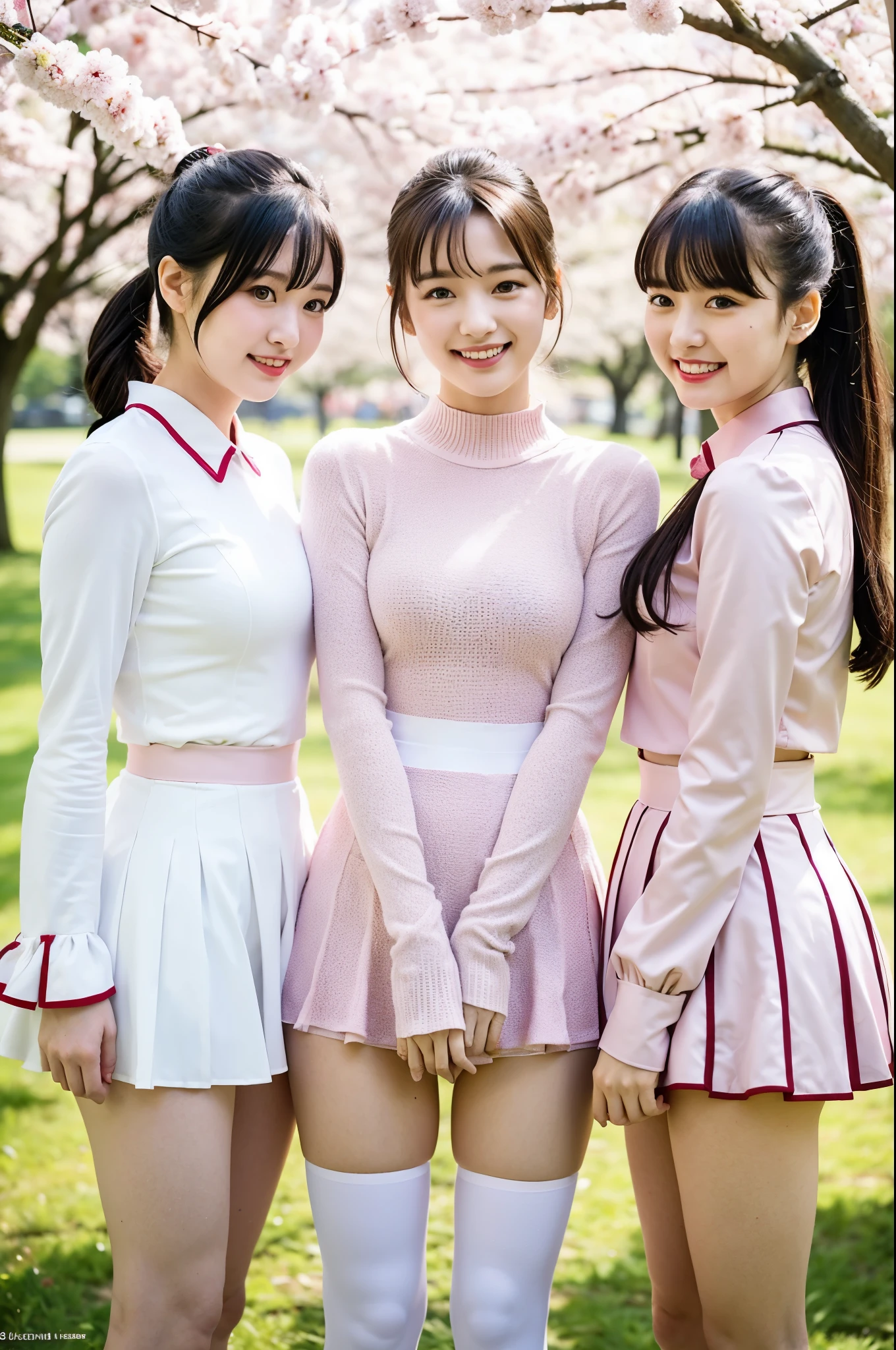 3 girls standing in cherry blossom park,long-sleeved white unitard with cherry blossom pattern,18-year-old,bangs,a little smile,thighs,knees, low ponytail with barrette,from below,front-light