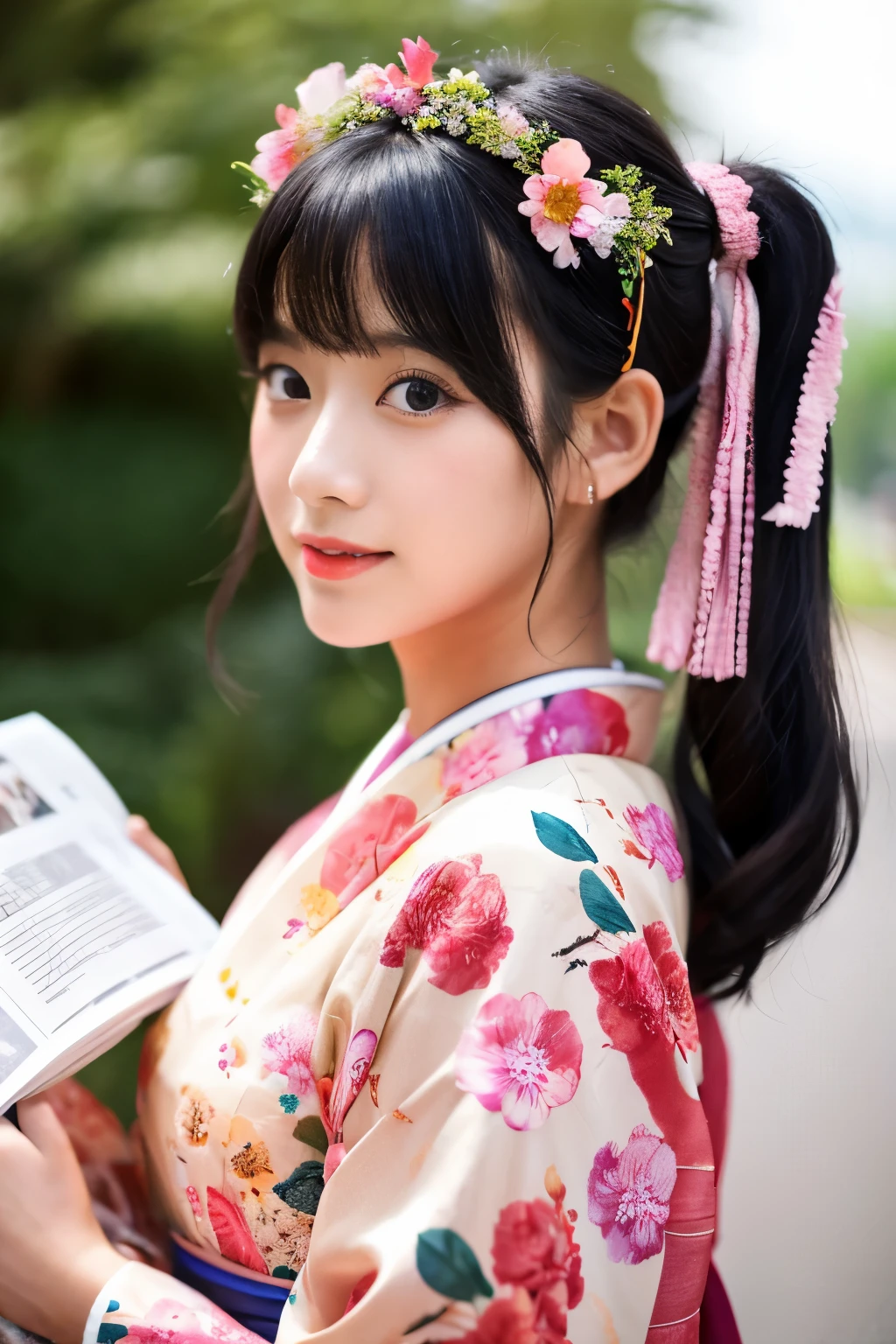 A girl wearing a kimono maid dress with black hair and twin tails and a flower crown reading a weekly magazine
