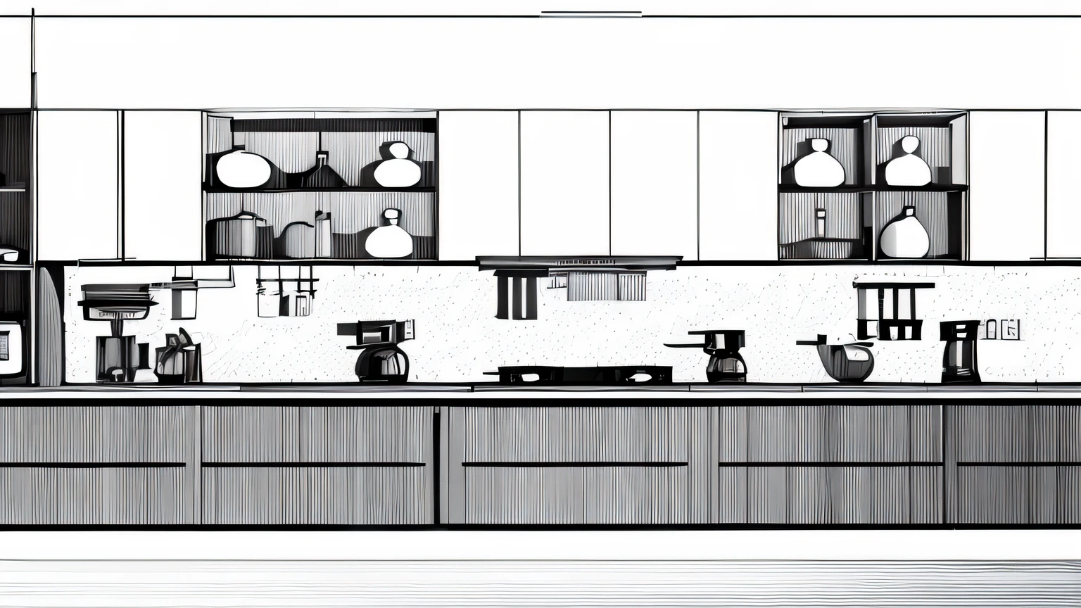 New Chinese kitchen，Hand drawn design drawing，Line drawing，White bottom，black lines，No coloring
