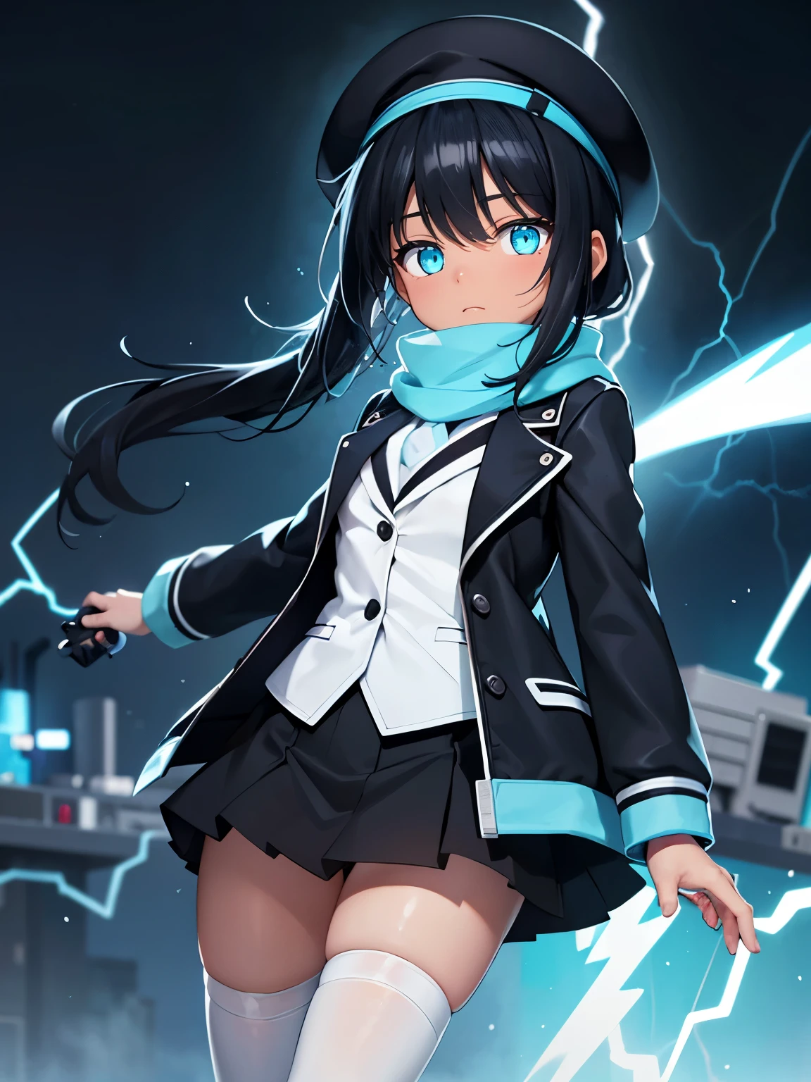 black hair, cyan eyes, ponytail, long hair, short, black shirt, black skirt, white jacket, white stockings, tomboy, outside, night, small breast, bangs, dark skin, cool, blue scarf, beret, lightning, electric, electricity, blue particles, blue aura, special effects, powerful