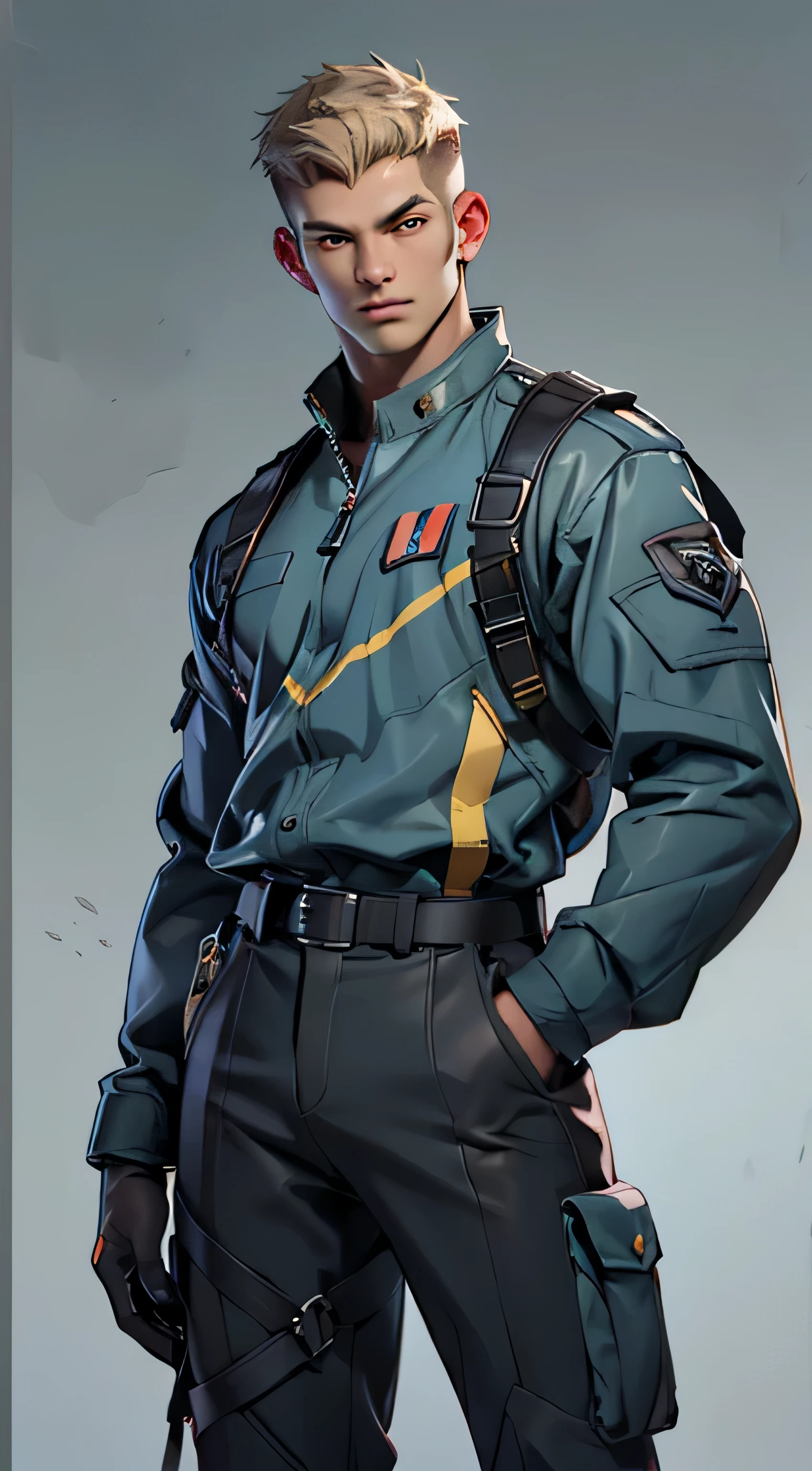 11:23(((best quality: 1.4))),(Unparalleled masterpiece), (Ultra high quality),(Hyper-realistic 8K CG)、(light color short hair),(Cross your waist with one hand),(Tech mech), ((( Body))), (((1 male))), 25-year-old American soldier with perfect Body,,Beautiful and well groomed face,muscular Body:1.2, (Pictures from head to thighs), Complex equipment, Tachibana,trousers,The clothes inside are dark,Clothes with armored metal electronic parts