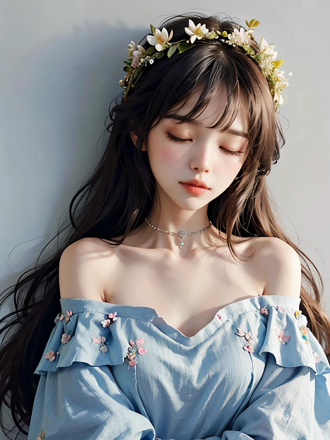 Sleeping, closed eyes, flower crown, Off shoulder simple dress, collarbone, wide chest