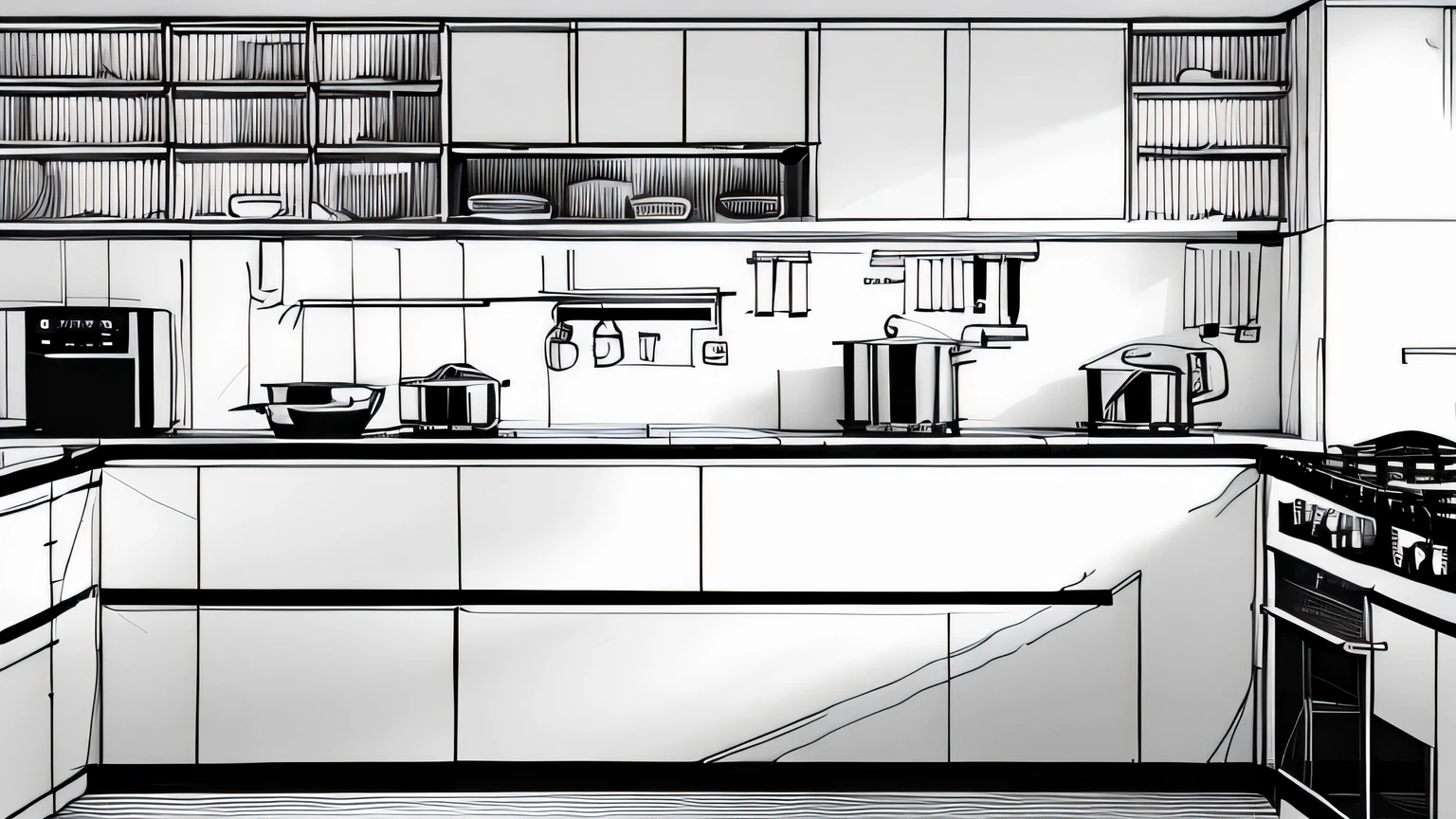 kitchen,Hand drawn design drawing,Line drawing,White bottom,black lines,No coloring