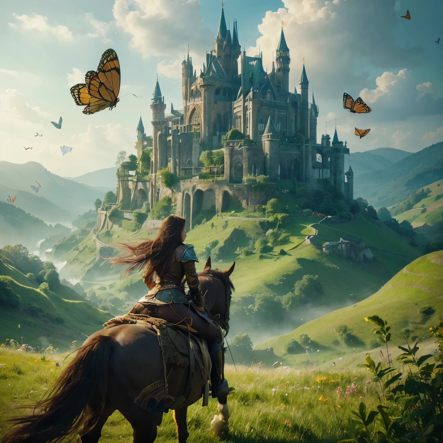 photorealistic Raw style, back view, warrior woman riding horse in top hill, magnificient View of a majestic and sturdy kingdom building on a beautiful green hill, fantasy realm, butterflies, gentle breeze blowing the leaves and grass, an atmosphere of happiness, hyper fidelity