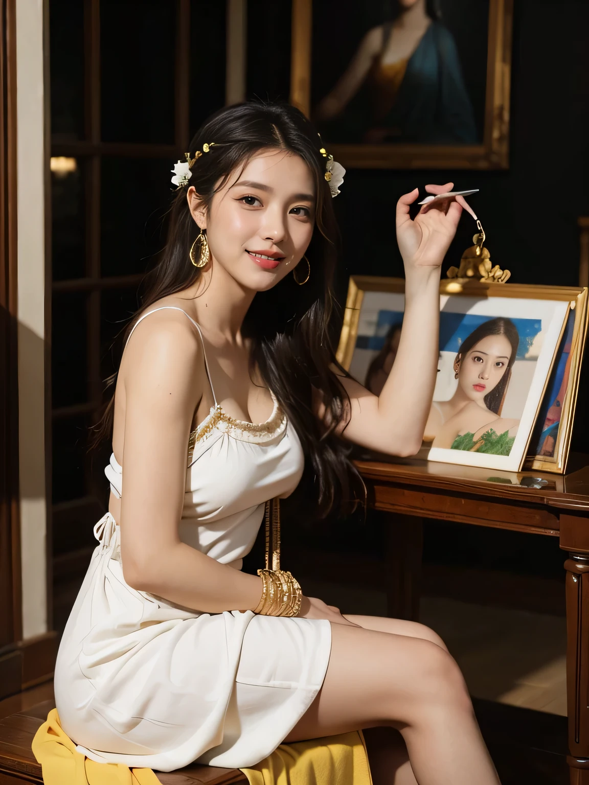 Giorgione painting style,roses in vase、fruits、Cute trinkets、smile、ancient greek costume、Clothes that stretch your shoulders、A big smile、beautiful bare skin,Female painter painting oil in her studio