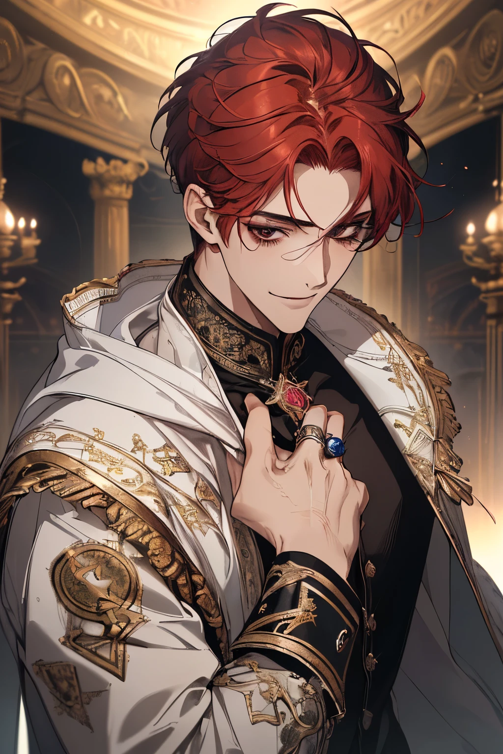 (absurderes, hight resolution, ultra-detailliert), 1 male, Adult, Handsome, finely detailed eyes and detailed face, Ring on background, visualart, occult, Universal, Vision casting, Philosophical, Iconography, Numerology, Popularity, artistic, red hair, Short hair, black eyes, Smile, Calm expression, Half shot, white clothes