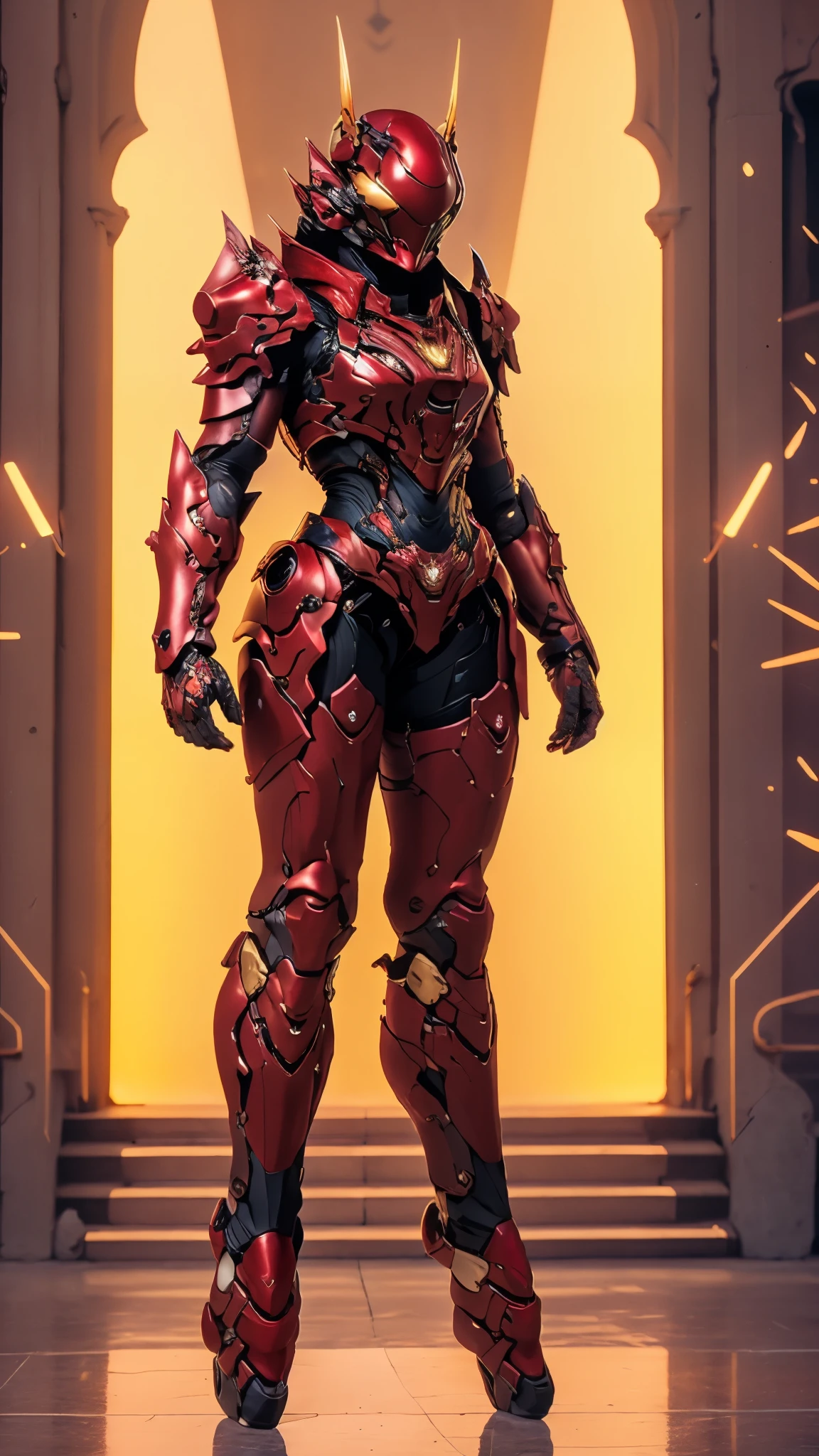 A woman adorned in fantasy-style full-body armor, a crown-concept fully enclosed helmet that unveils only her eyes, a composite layered chest plate, fully encompassing shoulder and hand guards, a lightweight waist armor, form-fitting shin guards, the overall design is heavy-duty yet flexible, ((the armor gleams with a golden glow, complemented by red and blue accents)), exhibiting a noble aura, she floats above a fantasy-surreal high-tech city, this character embodies a finely crafted fantasy-surreal style armored hero in anime style, exquisite and mature manga art style, (Queen bee mixed with Spider concept Armor, plasma, blood), ((Element, energy, elegant, goddess, femminine:1.5)), metallic, high definition, best quality, highres, ultra-detailed, ultra-fine painting, extremely delicate, professional, anatomically correct, symmetrical face, extremely detailed eyes and face, high quality eyes, creativity, RAW photo, UHD, 32k, Natural light, cinematic lighting, masterpiece-anatomy-perfect, masterpiece:1.5