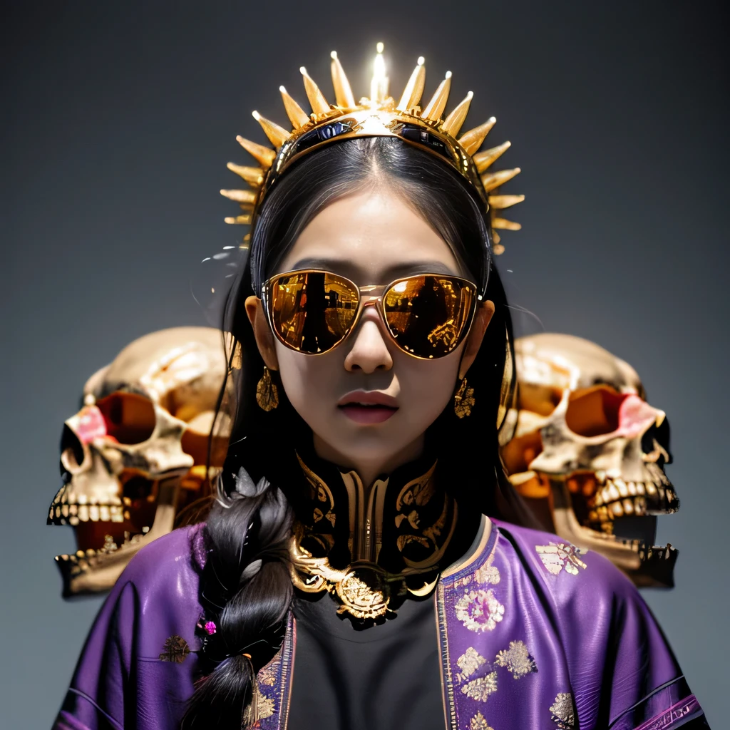 On snowy nights,32k(masterpiece,HD,super high quality,32k)Purple-pink double ponytail,flower stick,Indigo Skull King ,mahogany steering wheel (The skeleton is very realistic:1.4),crocodile print robe,Rusty skull ornaments,Sand gold linen cloak,Petals flying,Deep gold sunglasses,Hold your head high,worthy of pride,looking at people through nostrils,A primary and secondary school student, high resolution,Xueba, detail, original photo, Sharp Re, Nikon D850 film photo by Jefferies Lee 4 Kodak Portra 400 camera F1.6 guns, rich and colorful, Super real、Vivid texture, dramatic lighting, Unreal Engine Art Station Trend, Silicon Nest 800,Hold your head high,side,worthy of pride,looking at people through nostrils,arrogant,Petals flying,Petals flying,Gold-plated crocodile leather,Fluttering,Impeccable,( Reasonable design, clear lines, HD definition,best quality, Very detailed skeleton, skeleton of masterpiece, official art, Lighting effects, 8K crocodile skeleton(((Windproof goggles)))Deep gold sunglasses,sideportrait