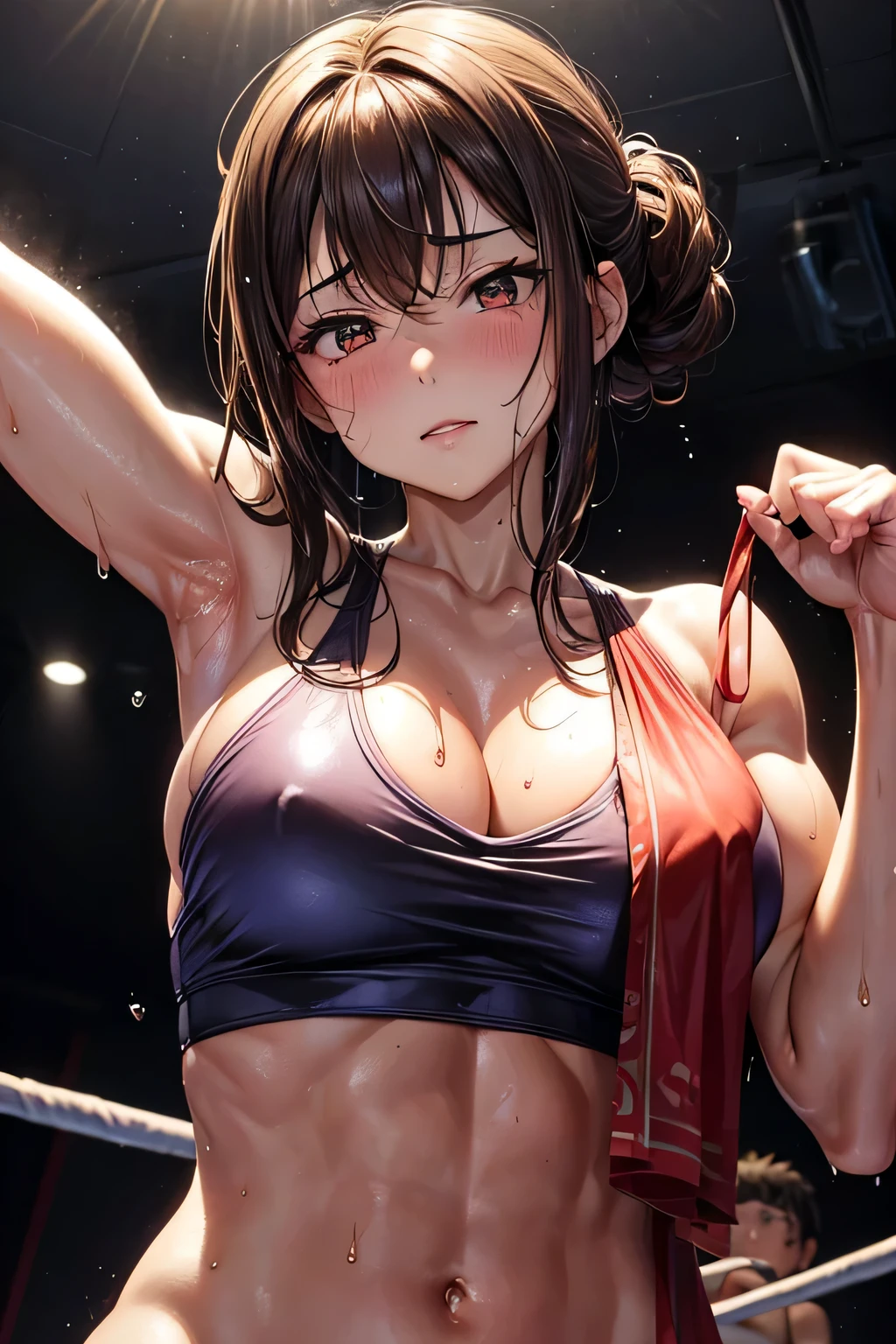 Sweat、wet hair、wet body、inflammation、pubic hair、female organ、Beautiful muscular female professional wrestler、brown hair up style、((whole body))、(((photo taken from below)))、darkness