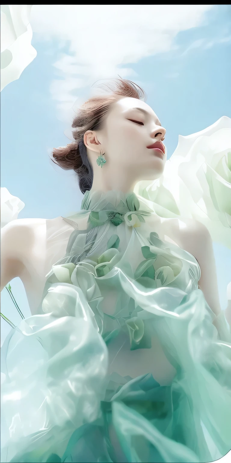 arafed woman in a green dress with flowers in her hair, jingna zhang, ethereal beauty, inspired by Gao Qipei, pastel green, dreamy and ethereal, very ethereal, incredibly ethereal, ethereal!!!!!!!, by Cheng Jiasui, inspired by Yanjun Cheng, inspired by Gao Cen, ethereal and dreamy, yanjun chengt