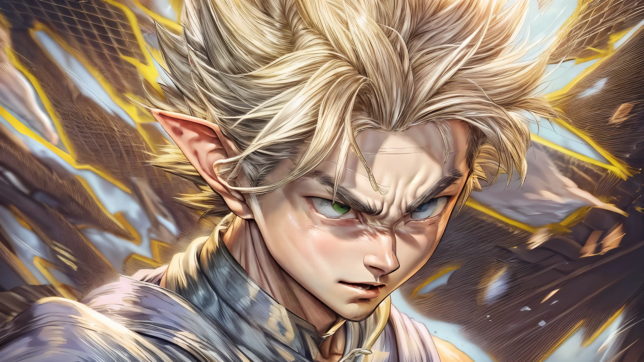 (master piece), 8k, best quality, elf boy, naive, male, teenager, , 1.70 meters tall, white skin, thin body, pointed elf ears, beautiful finely detailed silver eyes, high forehead, spiky yellow blonde hair like Gohan from the anime dragon ball (super sayajin), incredibly handsome, conservative elven outfit, fighting, action, throwing small salt stones at enemies,