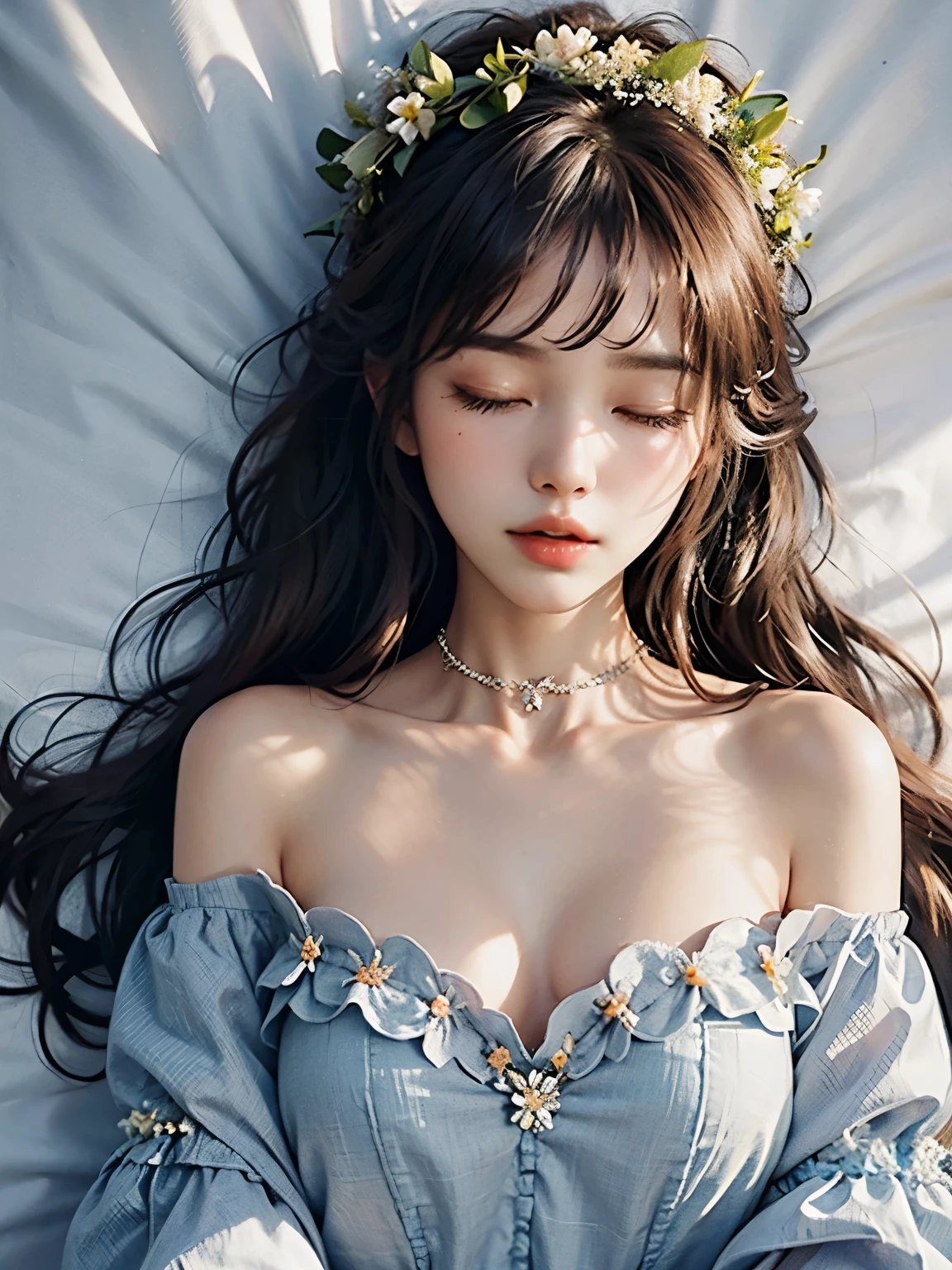 Sleeping, closed eyes, flower crown,Open mouth, Off shoulder simple dress, collarbone, wide chest