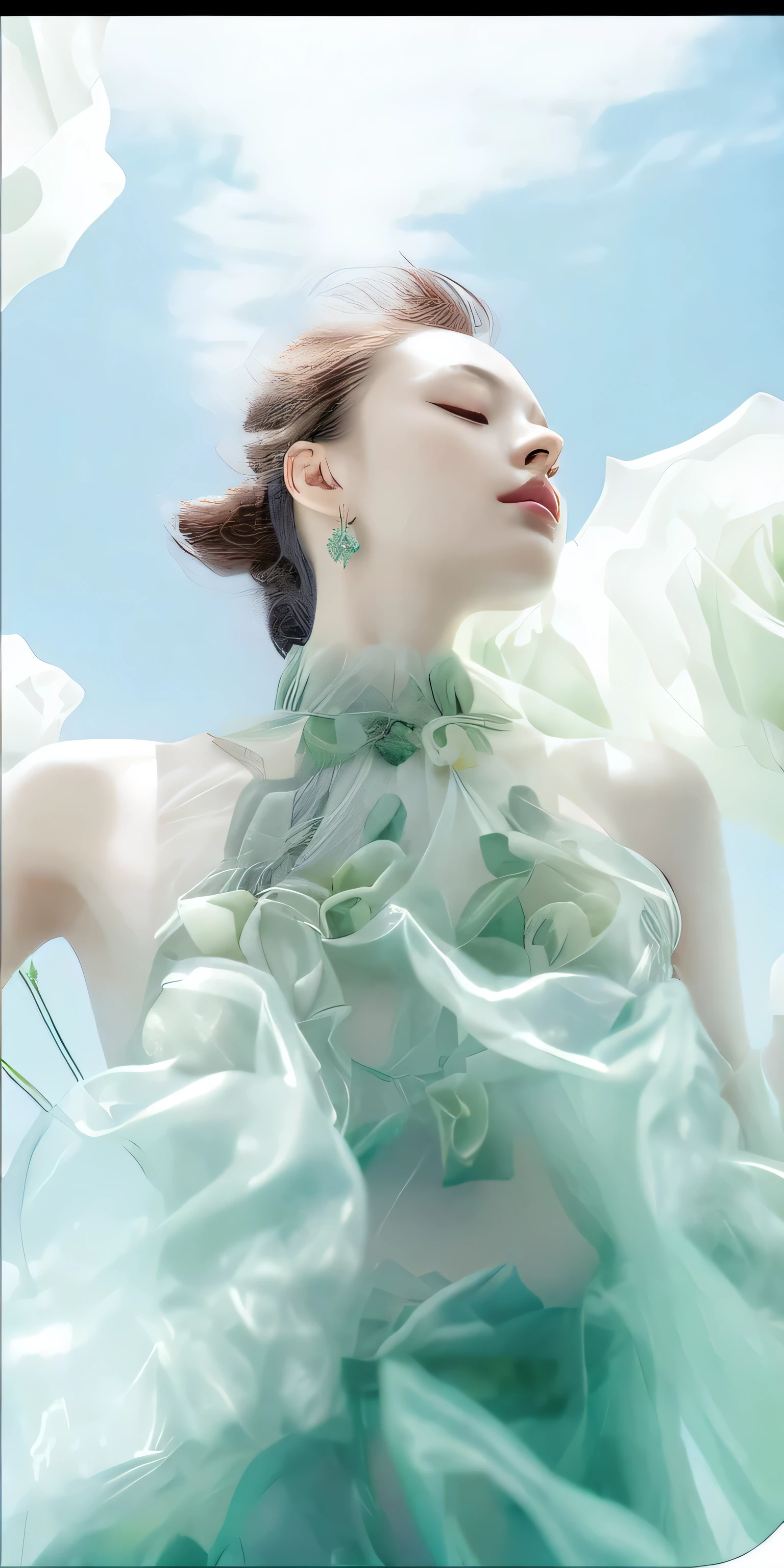 arafed woman in a green dress with flowers in her hair, jingna zhang, ethereal beauty, inspired by Gao Qipei, pastel green, dreamy and ethereal, very ethereal, incredibly ethereal, ethereal!!!!!!!, by Cheng Jiasui, inspired by Yanjun Cheng, inspired by Gao Cen, ethereal and dreamy, yanjun chengt