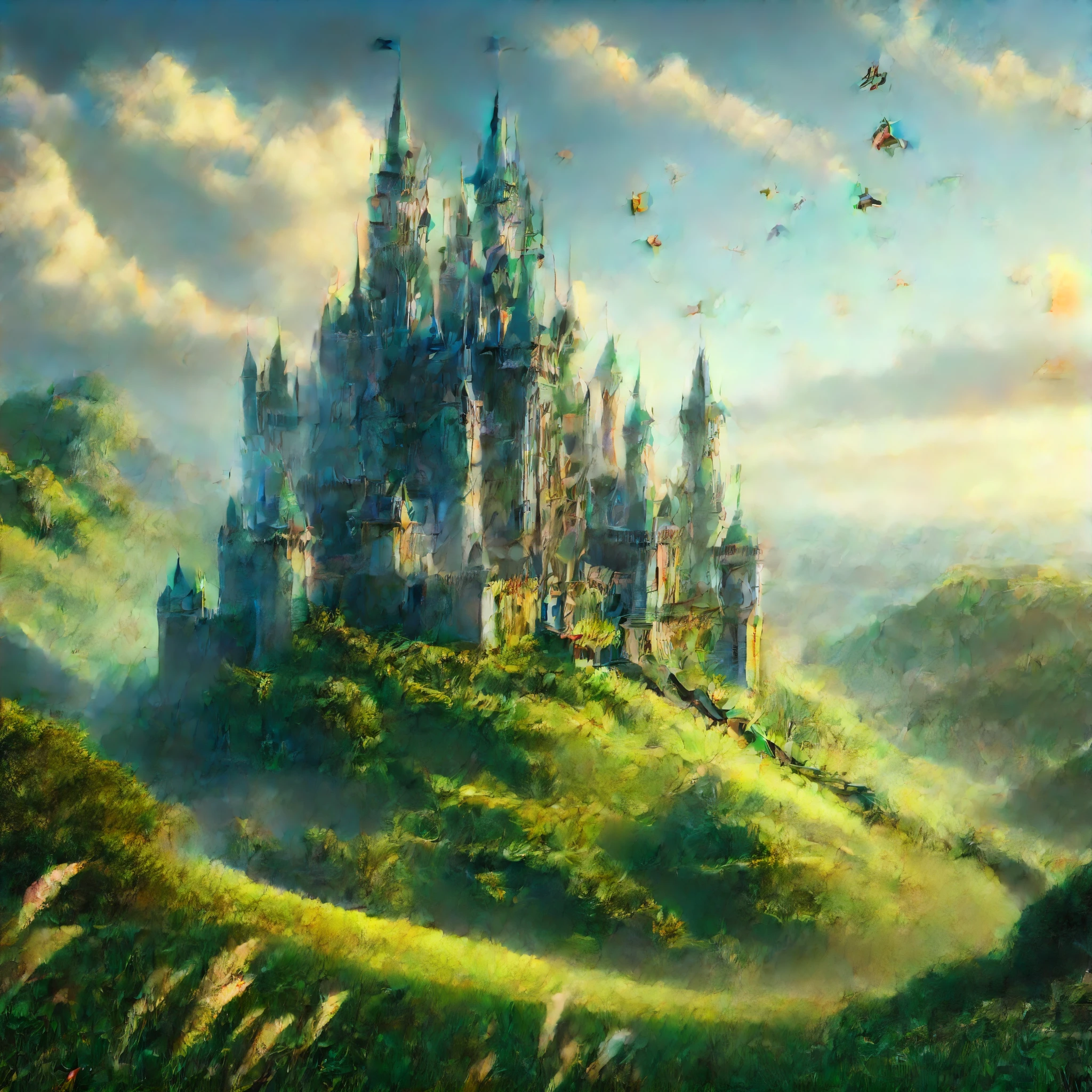 photorealistic Raw style, back view, warrior woman riding horse in top hill, magnificient View of a majestic and sturdy kingdom building on a beautiful green hill, fantasy realm, butterflies, gentle breeze blowing the leaves and grass, an atmosphere of happiness, hyper fidelity